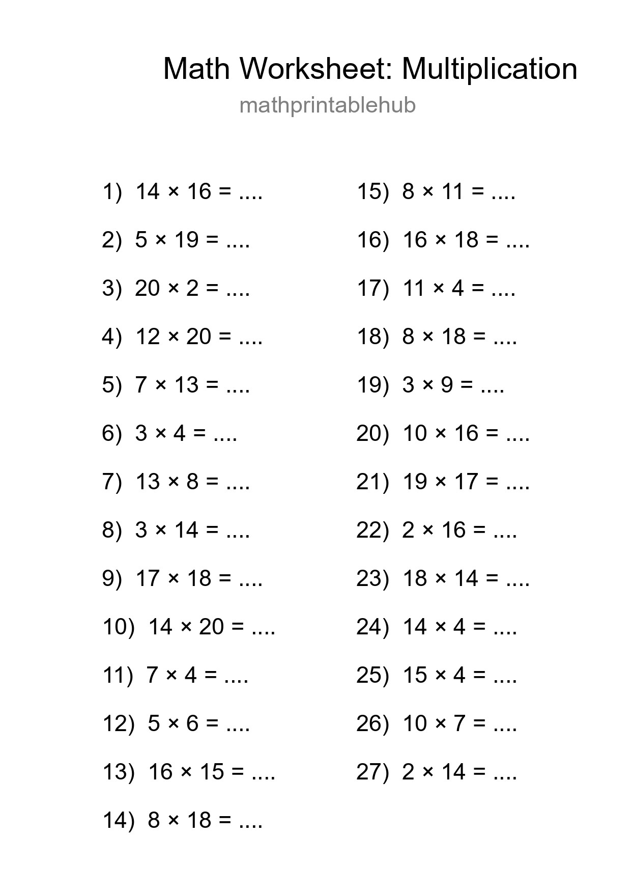 Printable Multiplication Worksheet for Grade 2
