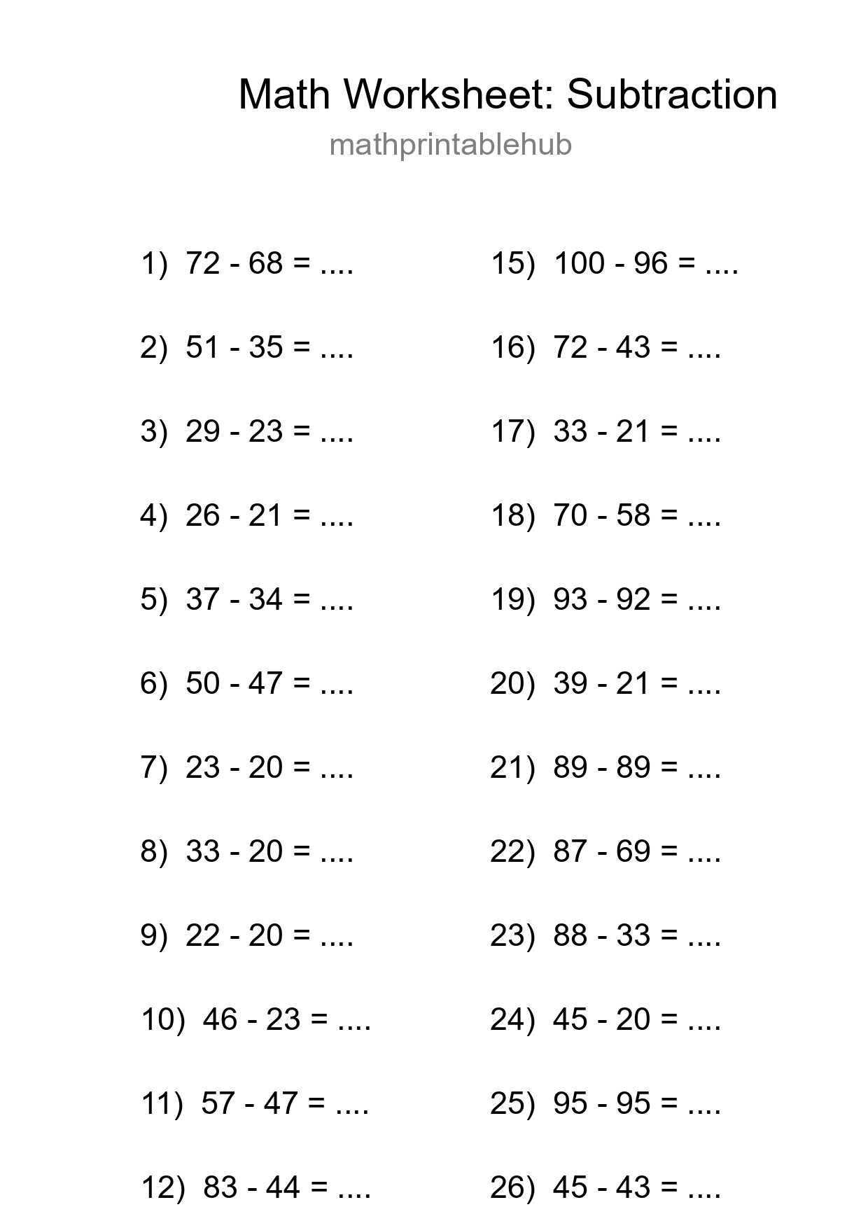 Printable Subtraction Worksheet for Grade 3