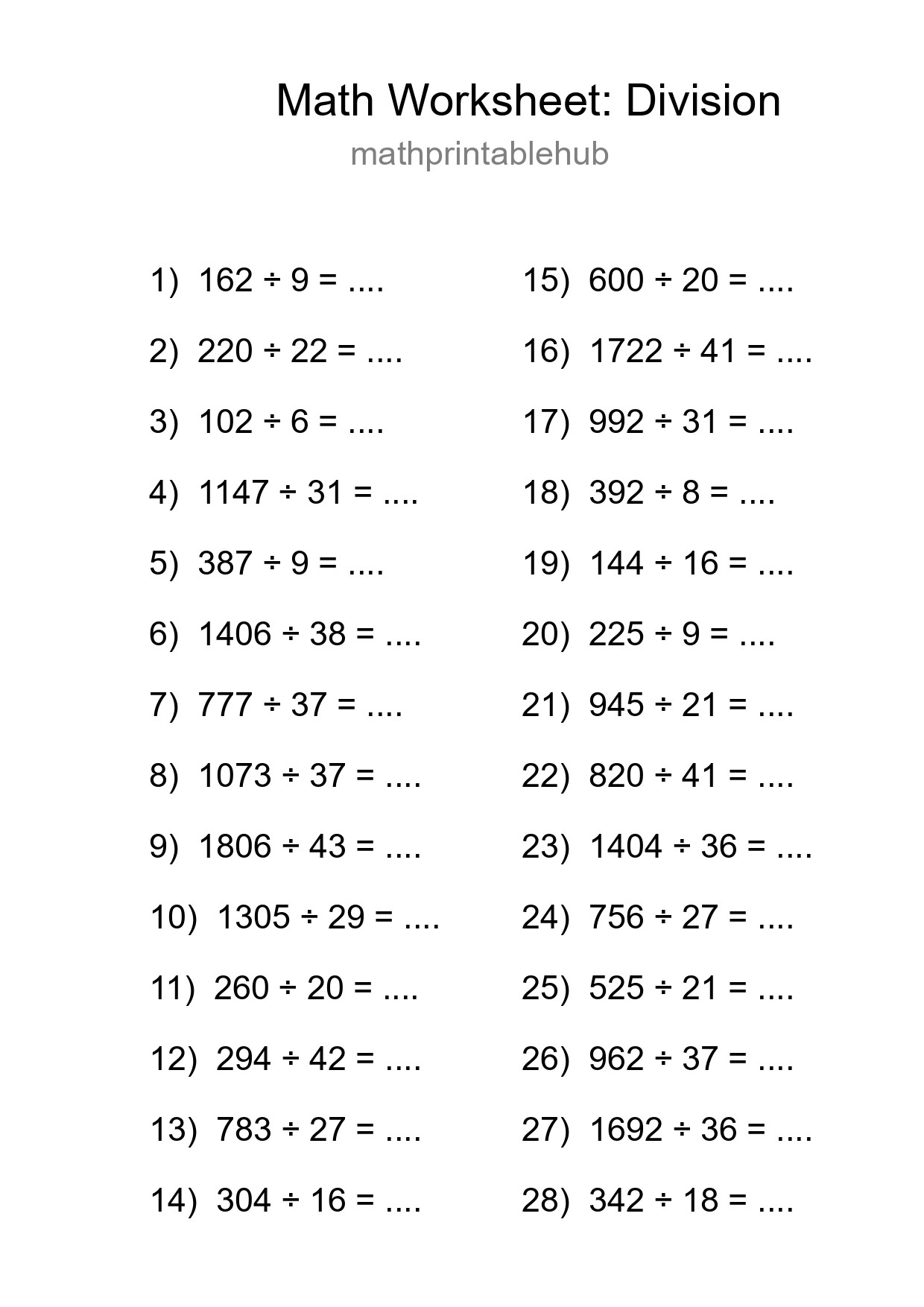 Printable Division Worksheet for Grade 2