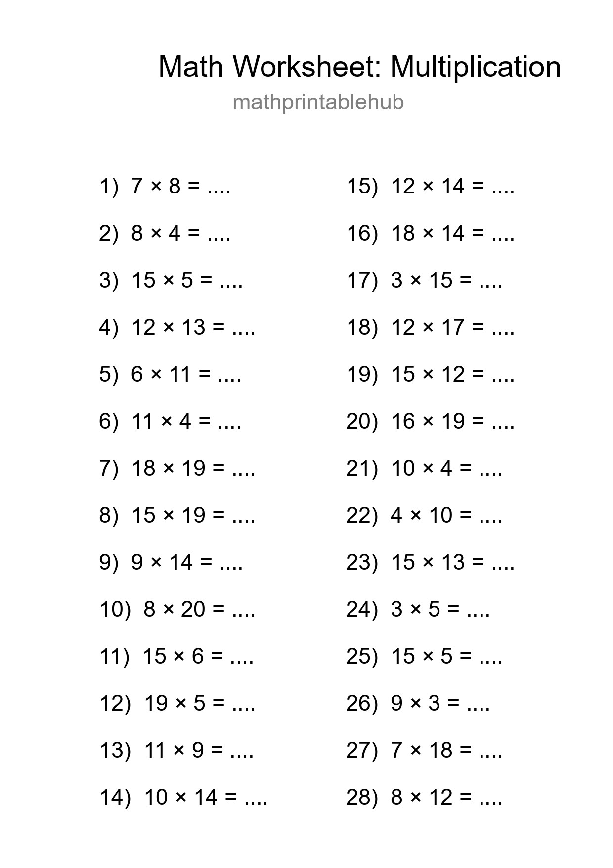 Printable Multiplication Worksheet for Grade 2