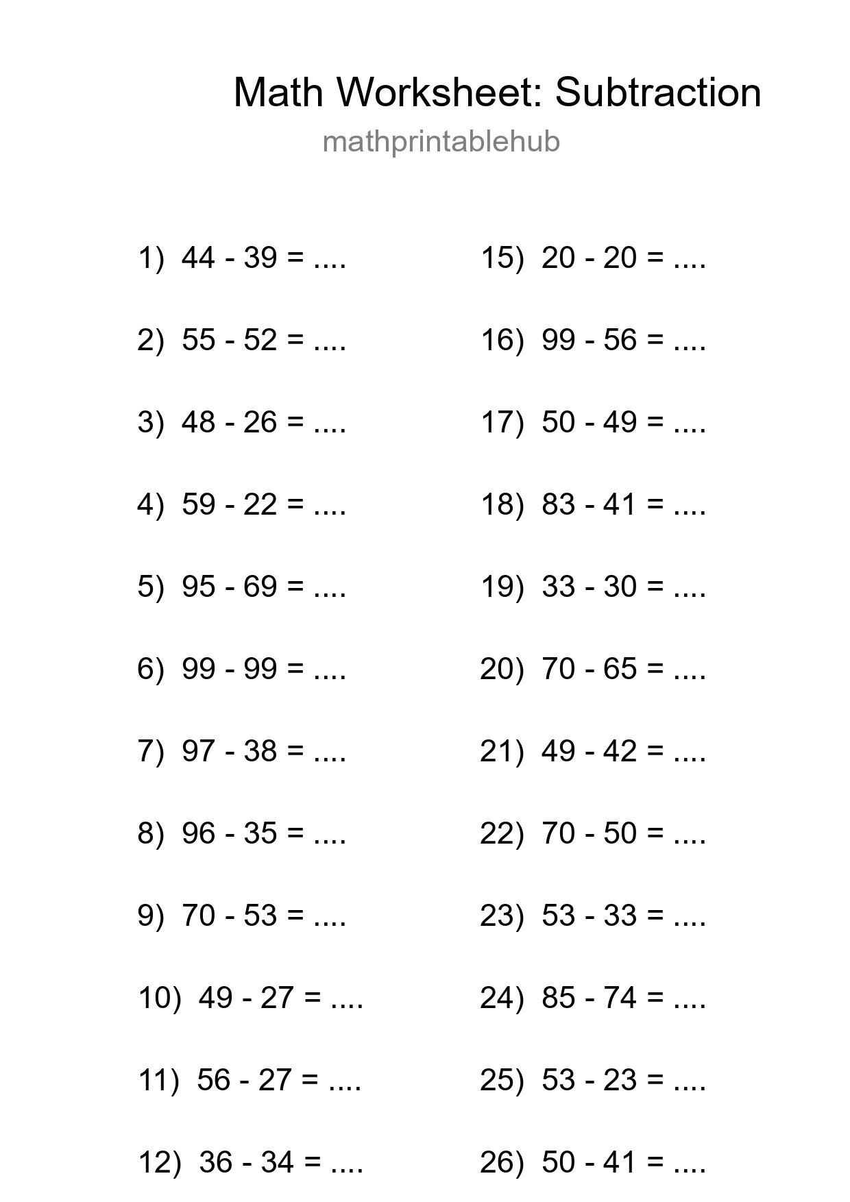 Printable Subtraction Worksheet for Grade 3