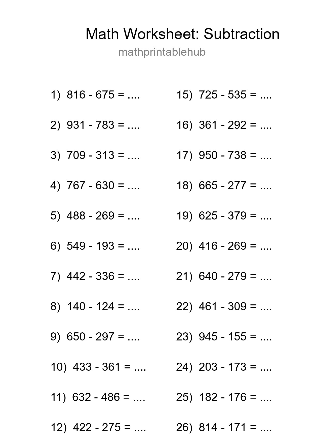 Printable Subtraction Worksheet for Grade 5