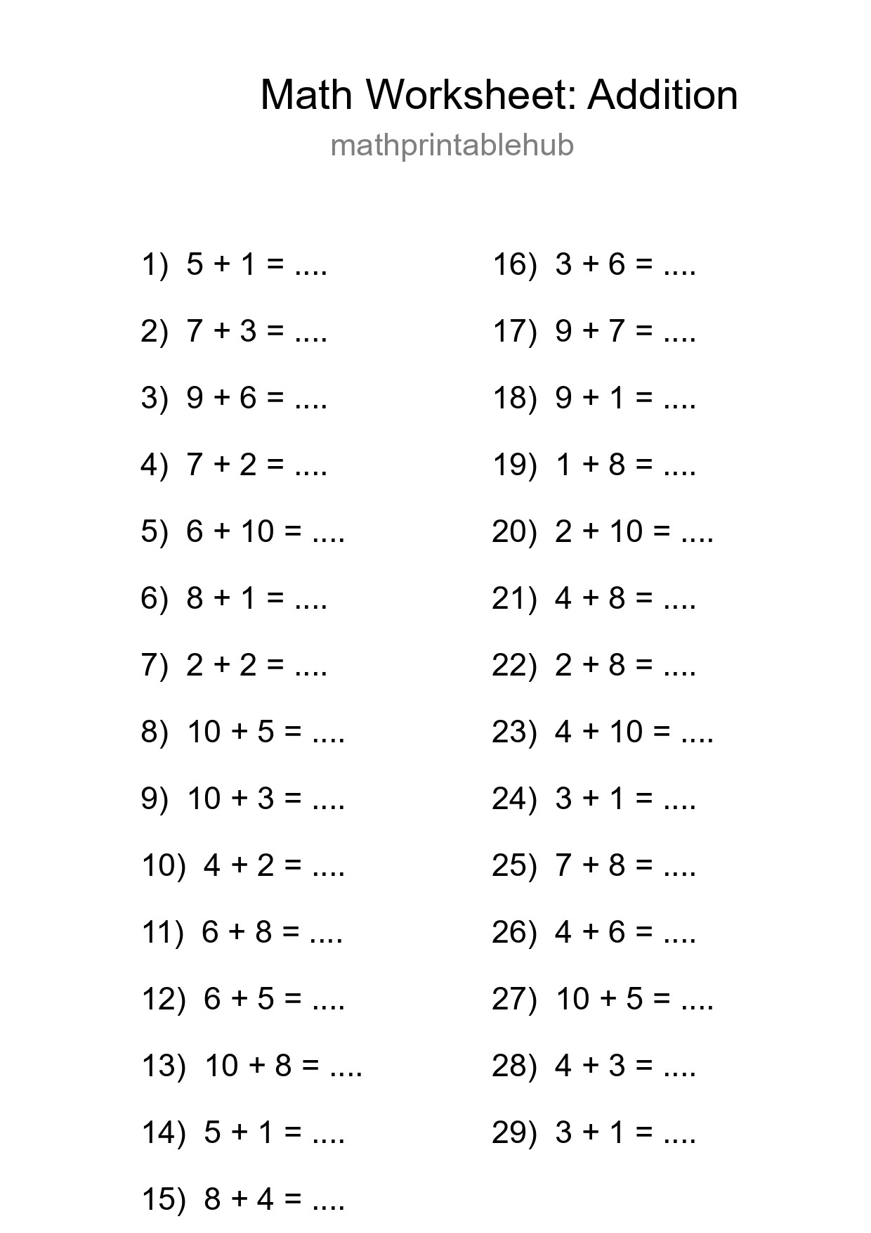 Printable Addition Worksheet for Grade 1