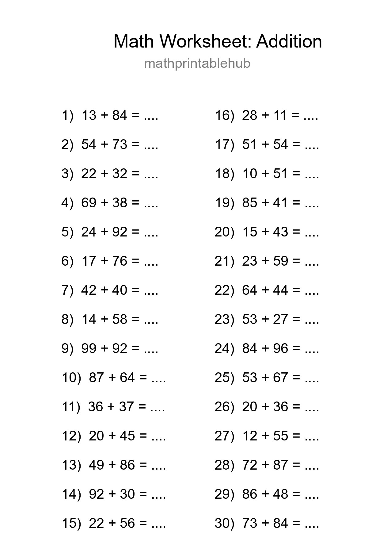 Printable Addition Worksheet for Grade 3