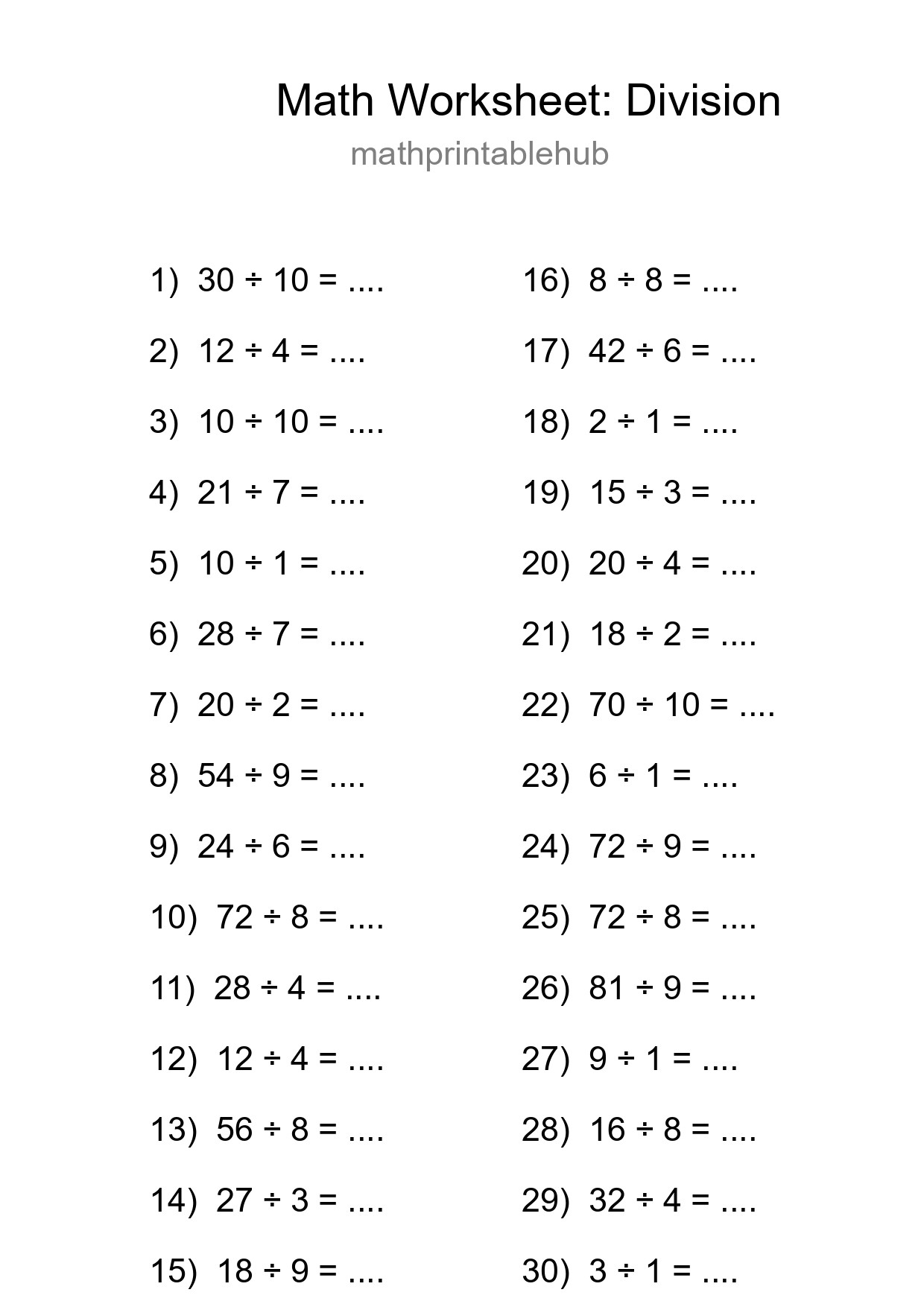 Free 30 Division Math Worksheet For Grade 1 With Answers - Part 4