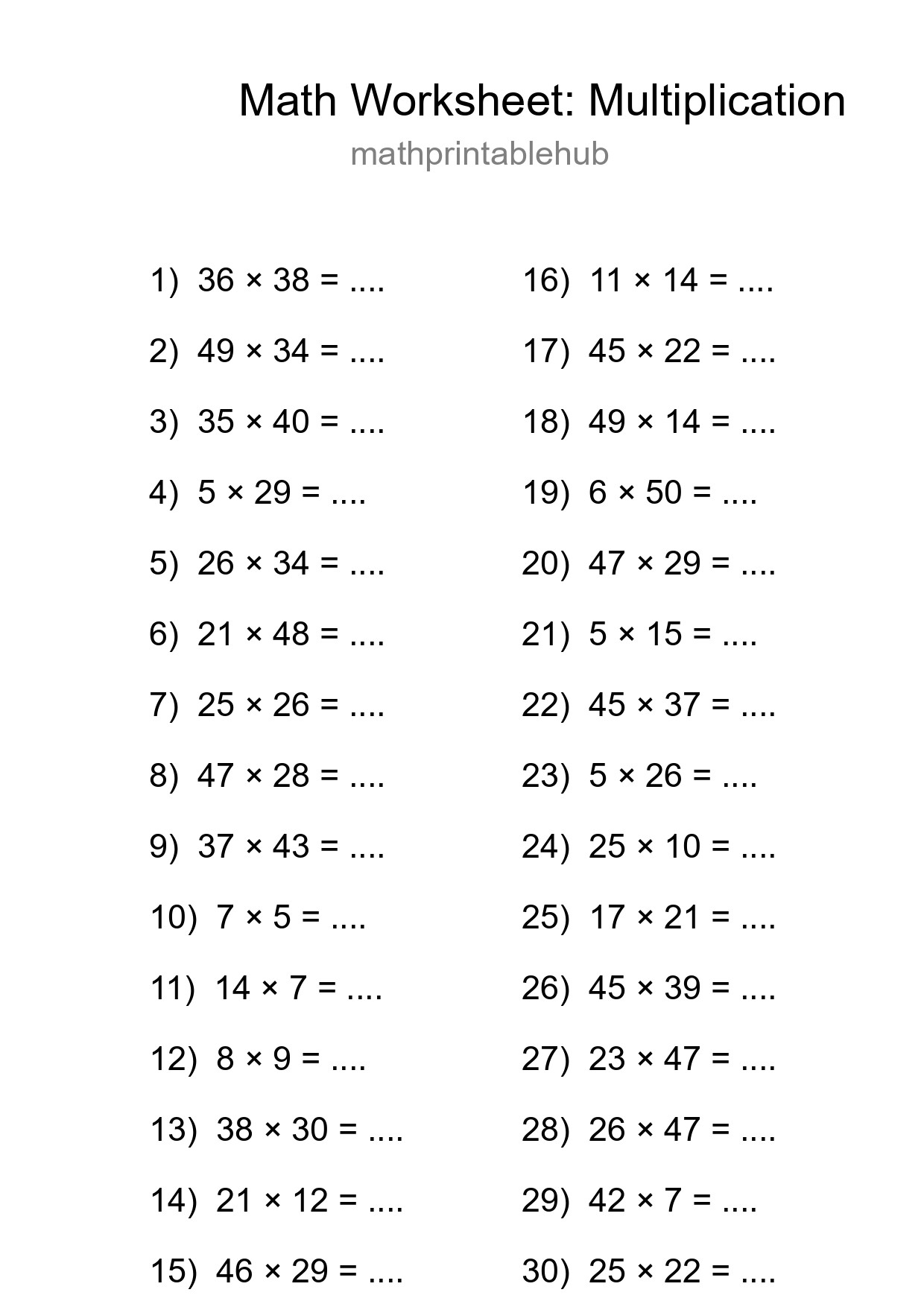 Printable Multiplication Worksheet for Grade 2