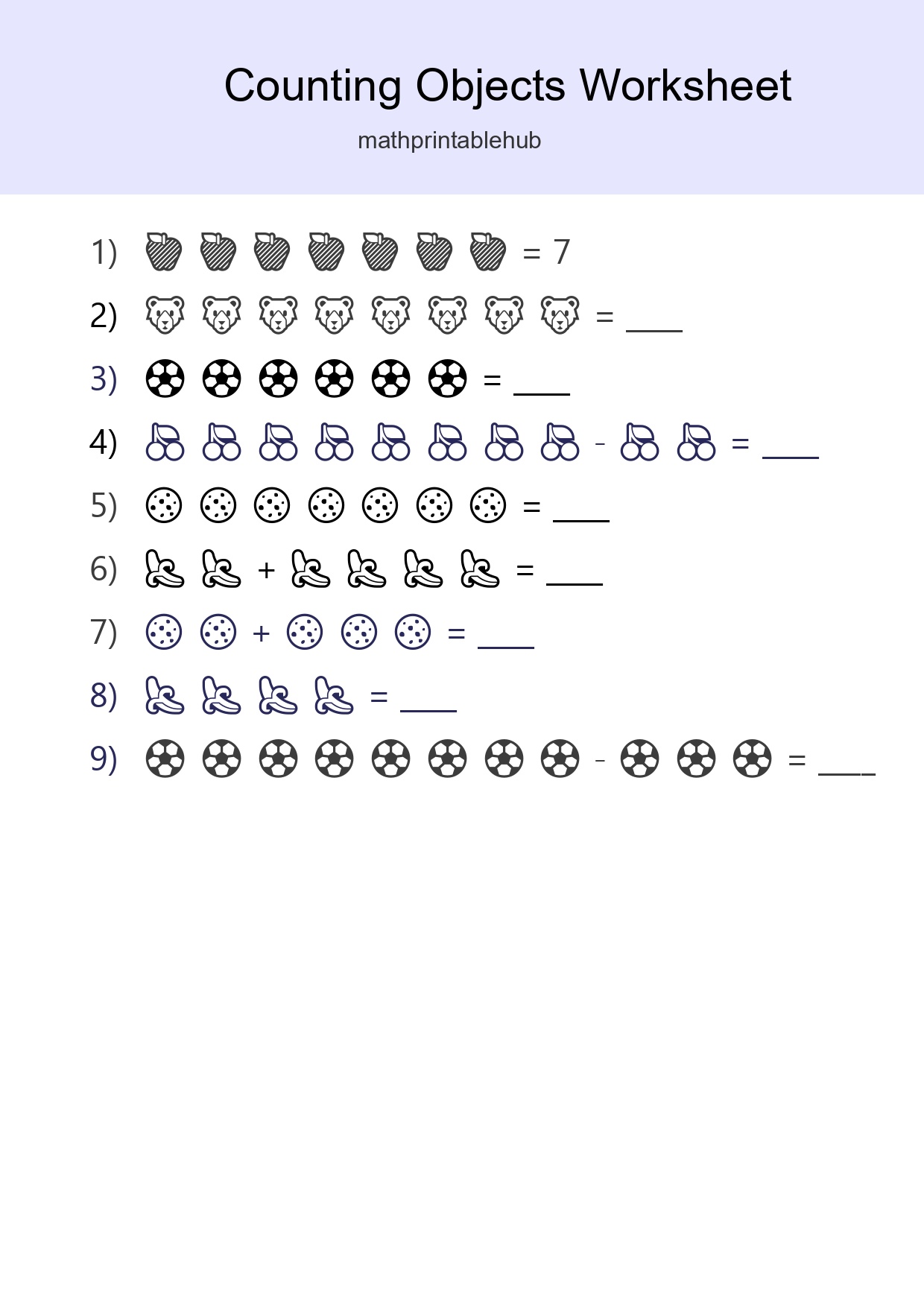 Printable Counting Objects Worksheet for Kindergarten