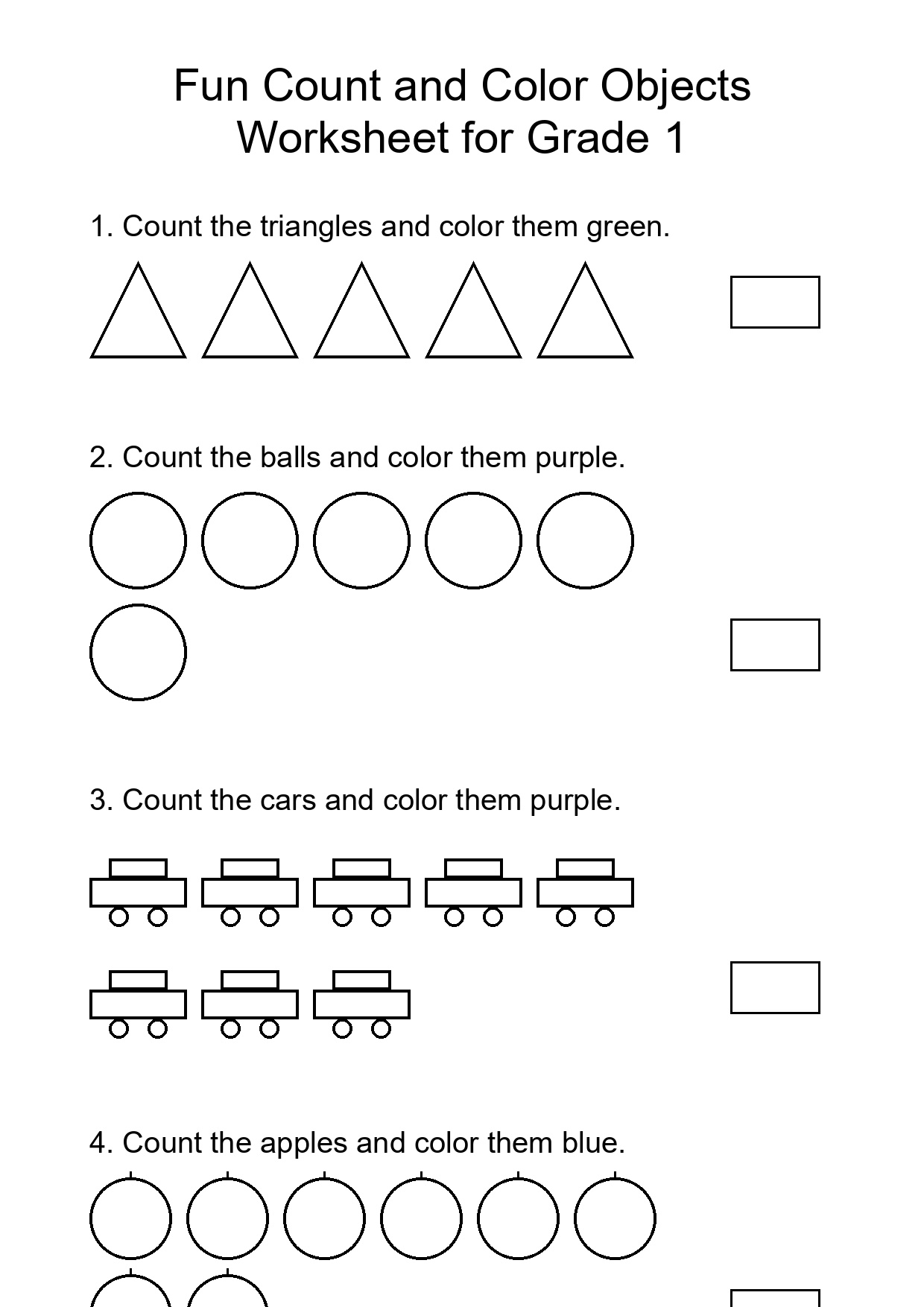 Fun Count and Color Objects Worksheet for Grade 1