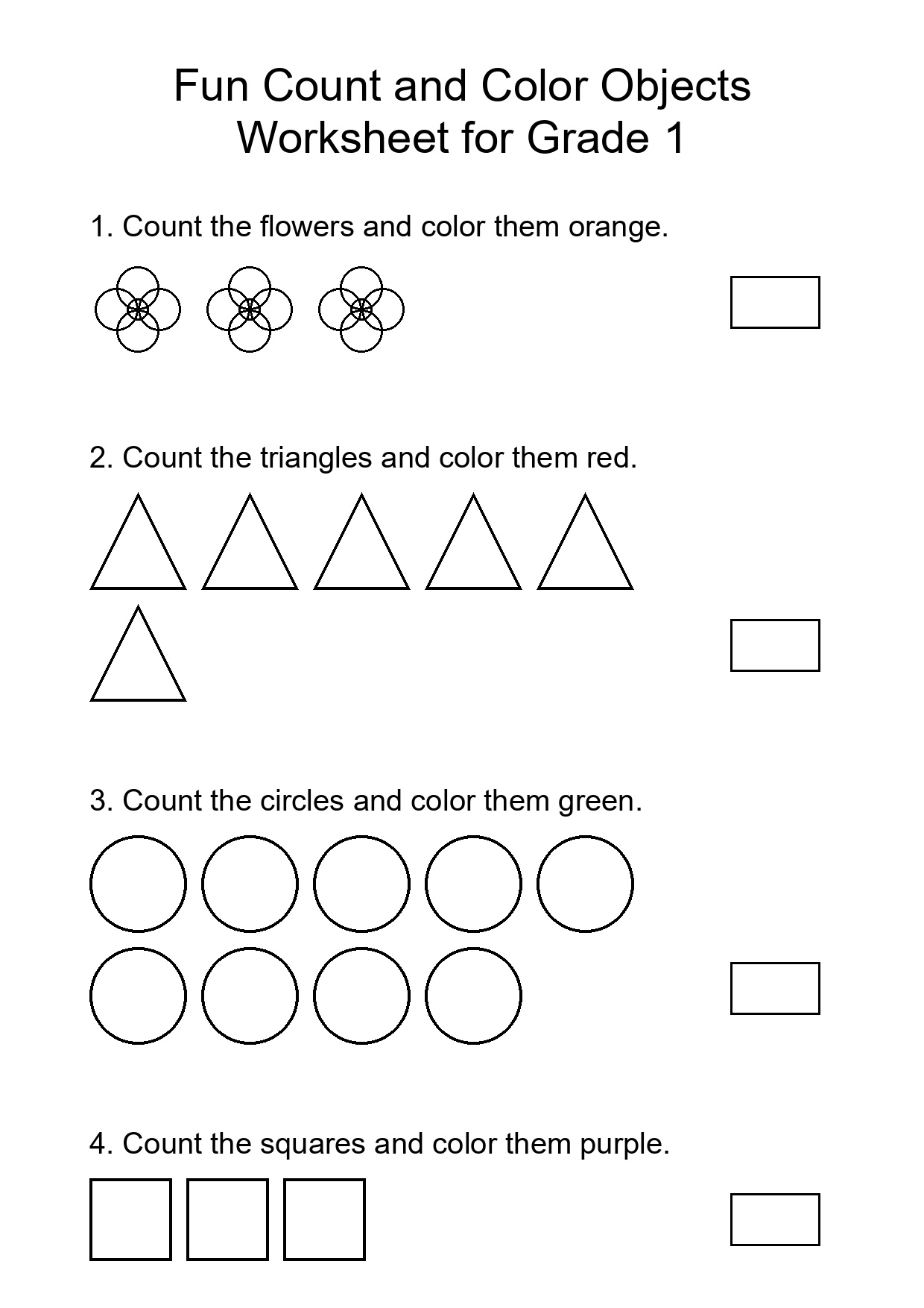 Fun Count and Color Objects Worksheet for Grade 1