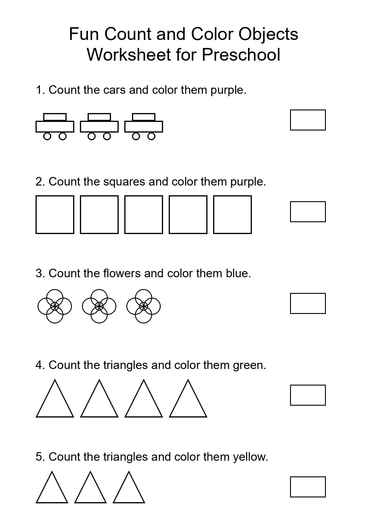 Fun Count and Color Objects Worksheet for Preschool