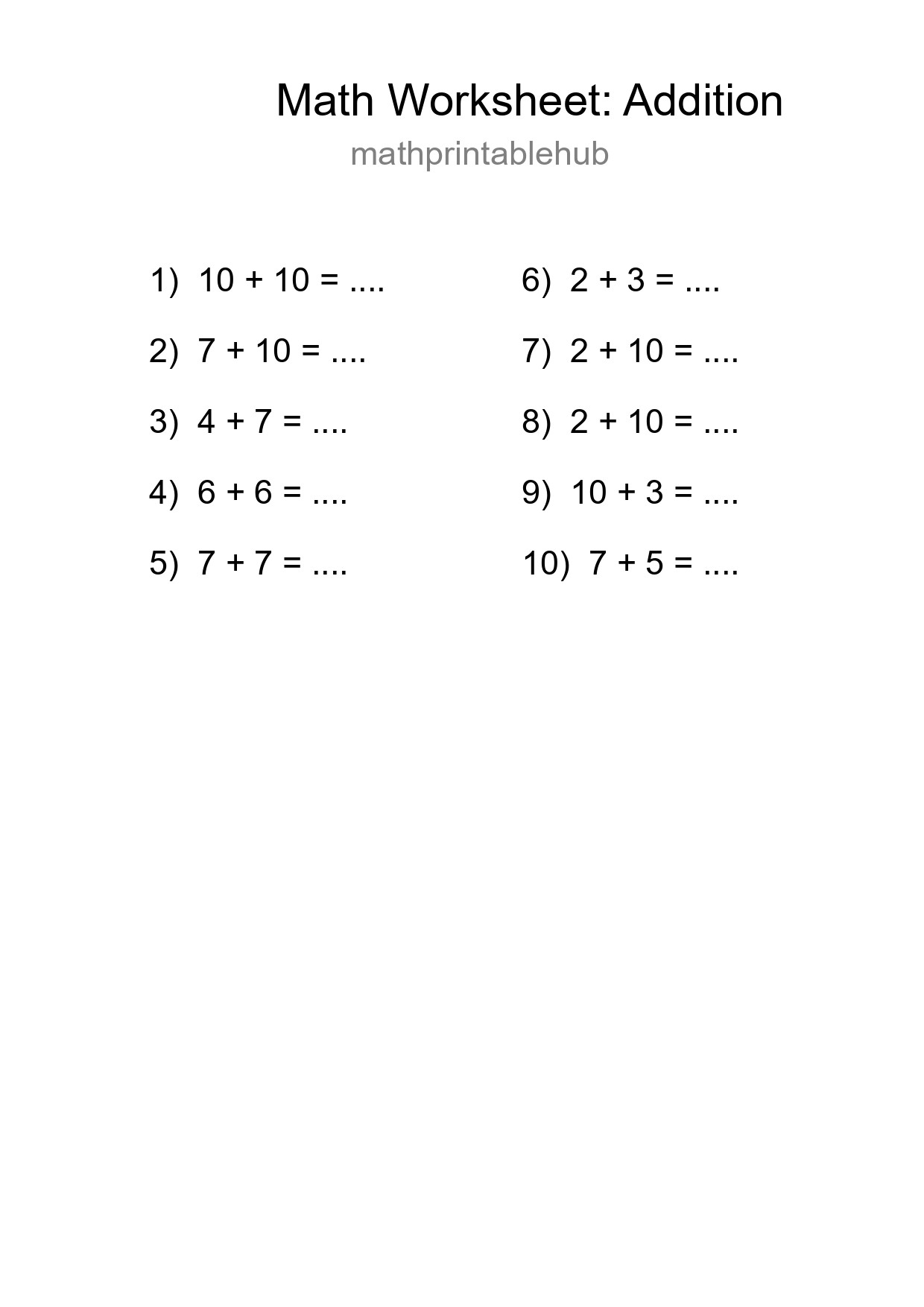 Grade 1 Addition Practice Worksheet (10 Problems) - Part 21