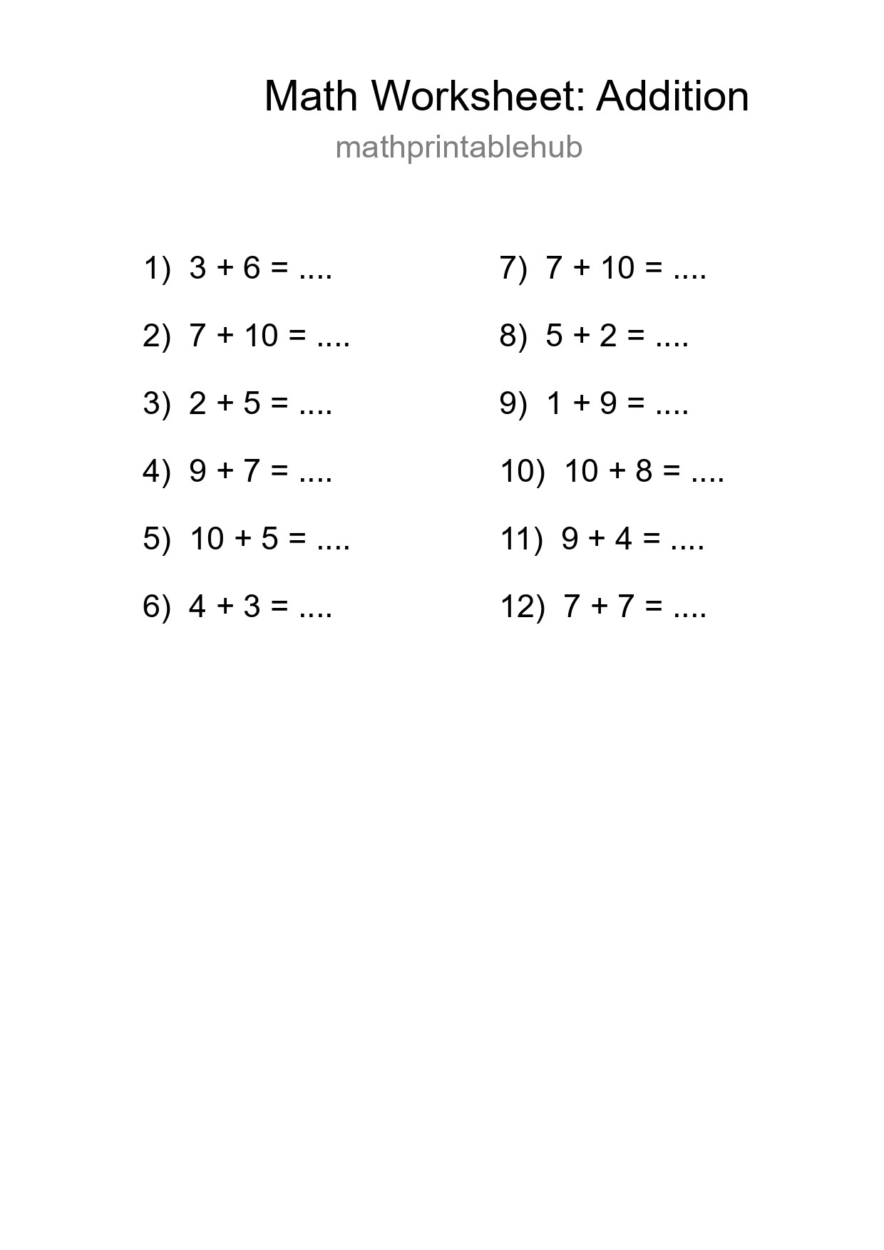Printable Addition Worksheet for Grade 1