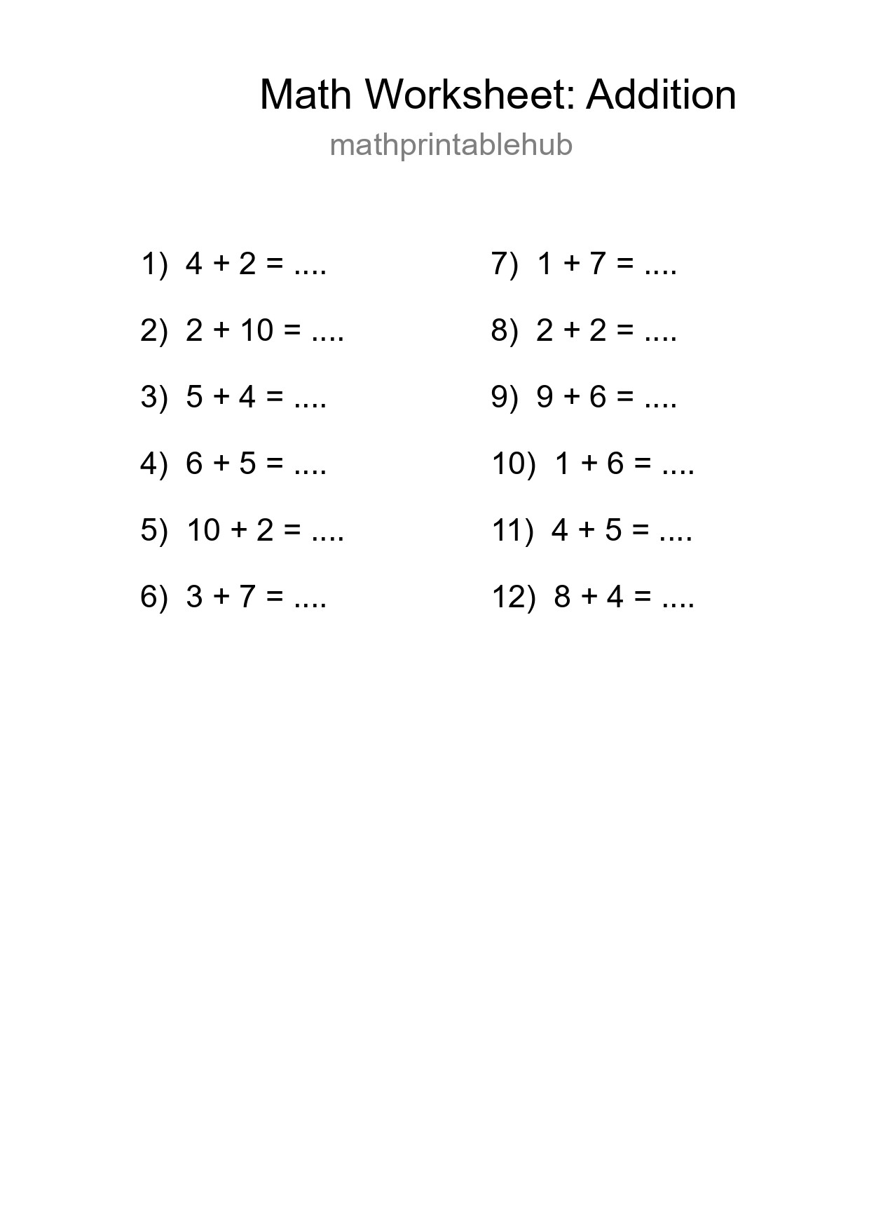 Grade 1 Addition Practice Worksheet (12 Problems) - Part 31