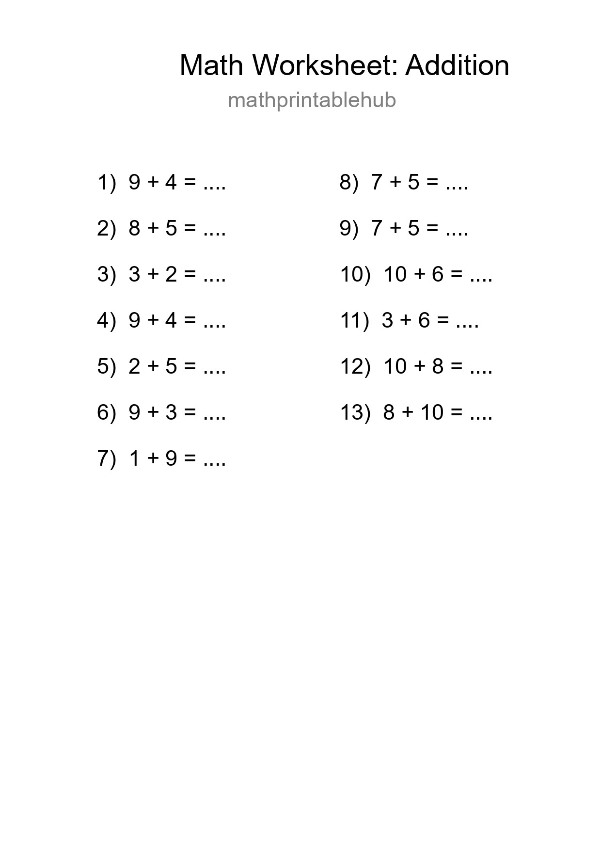 Printable Addition Worksheet for Grade 1