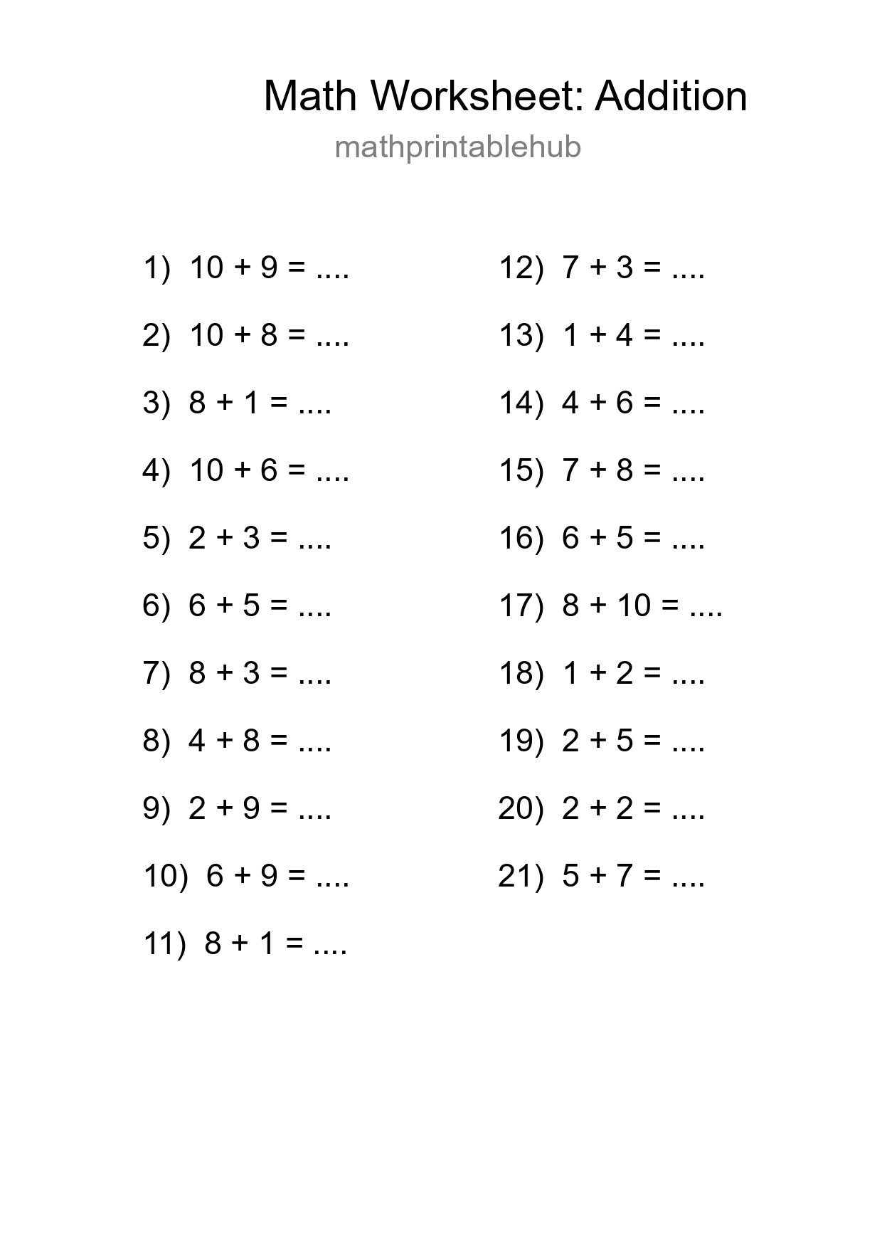 Printable Addition Worksheet for Grade 1