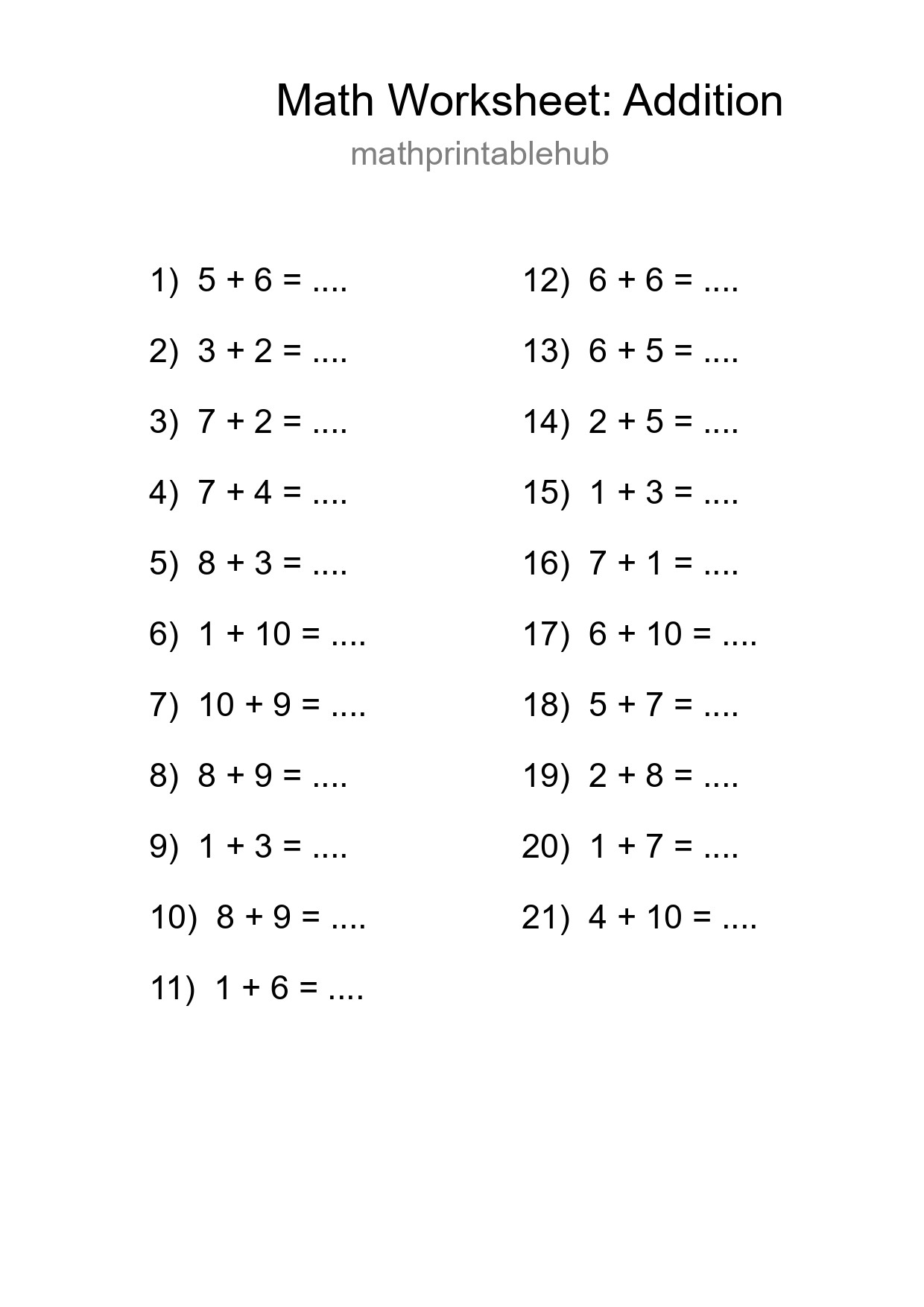 Printable Addition Worksheet for Grade 1