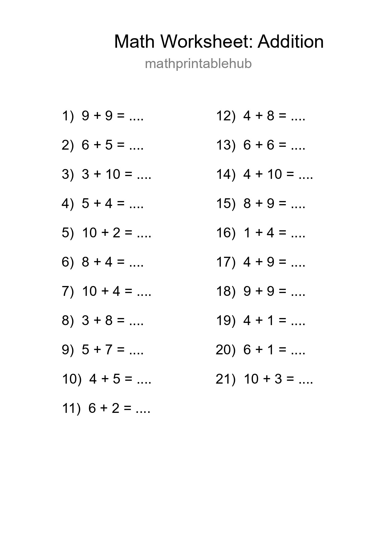 Printable Addition Worksheet for Grade 1