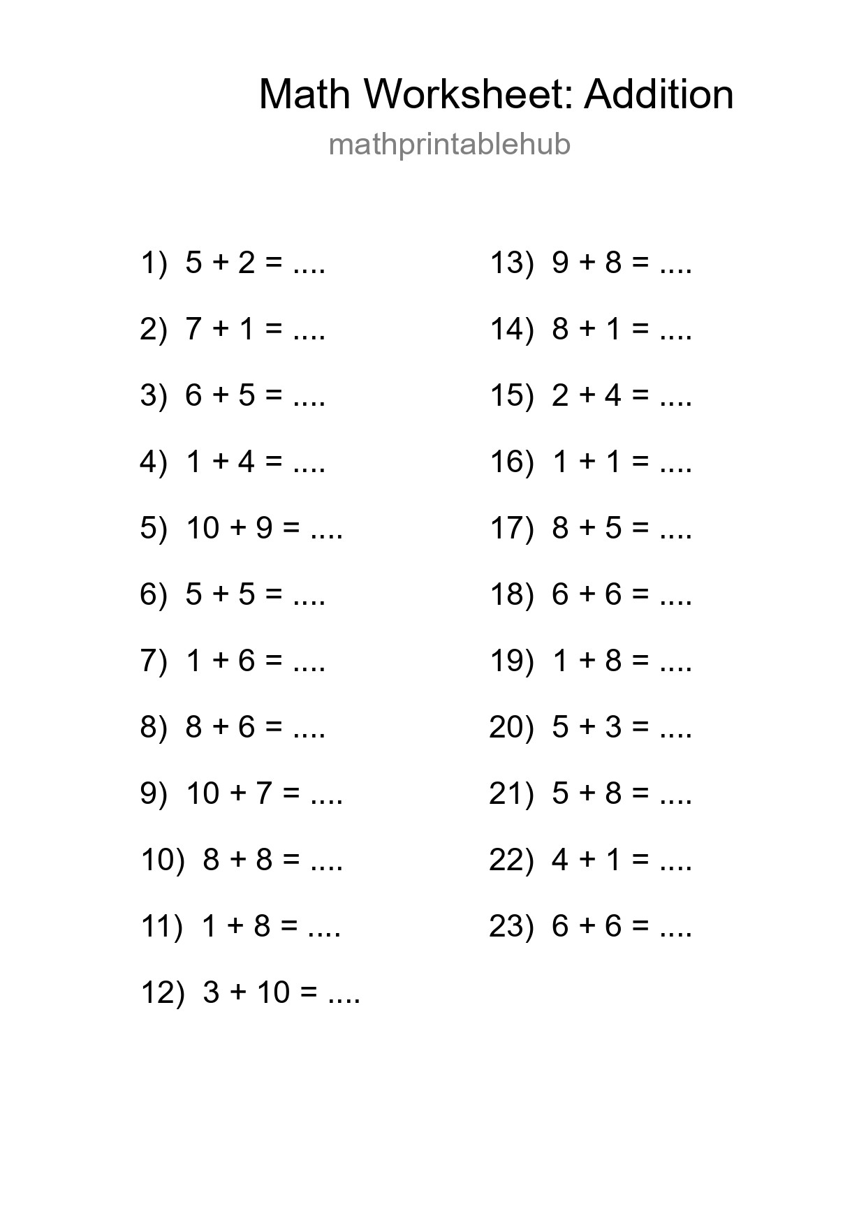 Printable Addition Worksheet for Grade 1