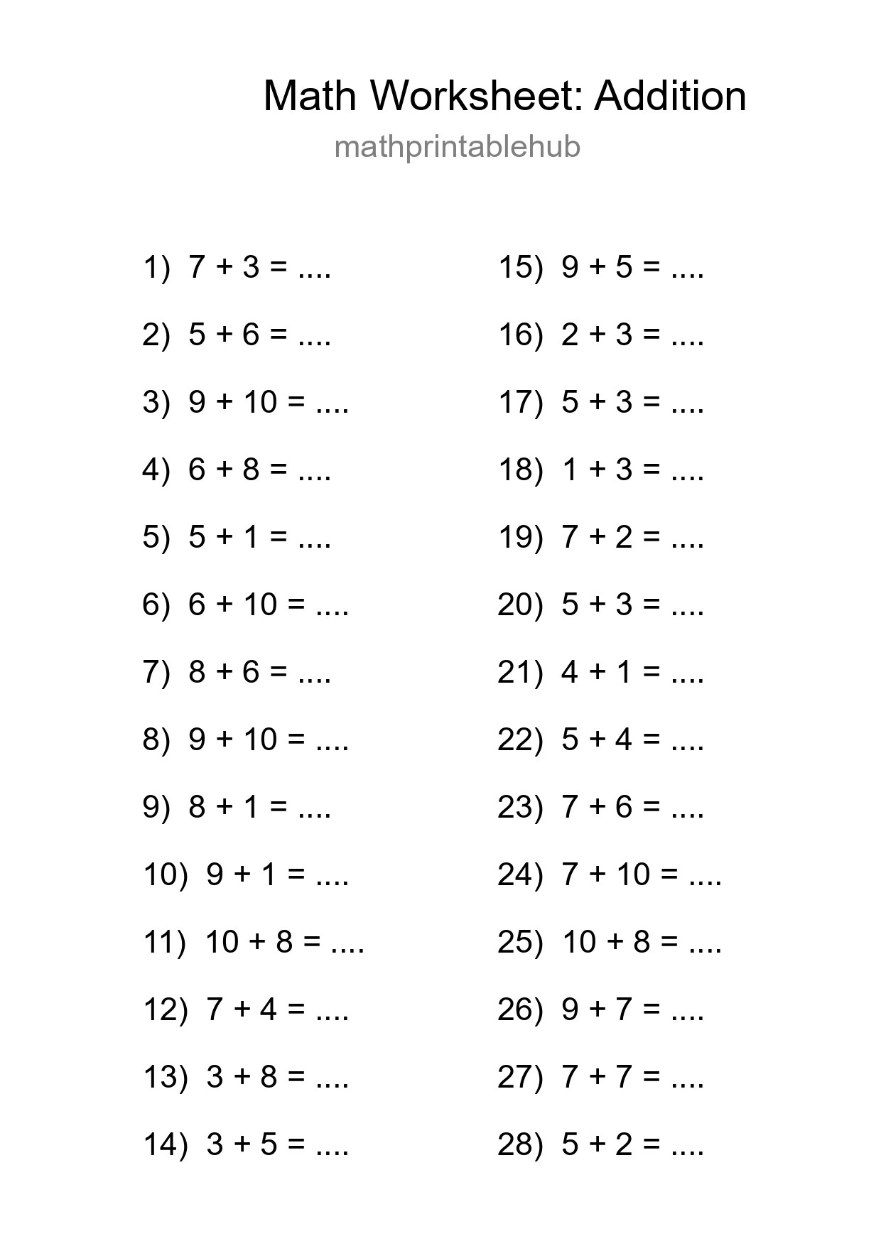 Grade 1 Addition Practice Worksheet (28 Problems) - Part 11