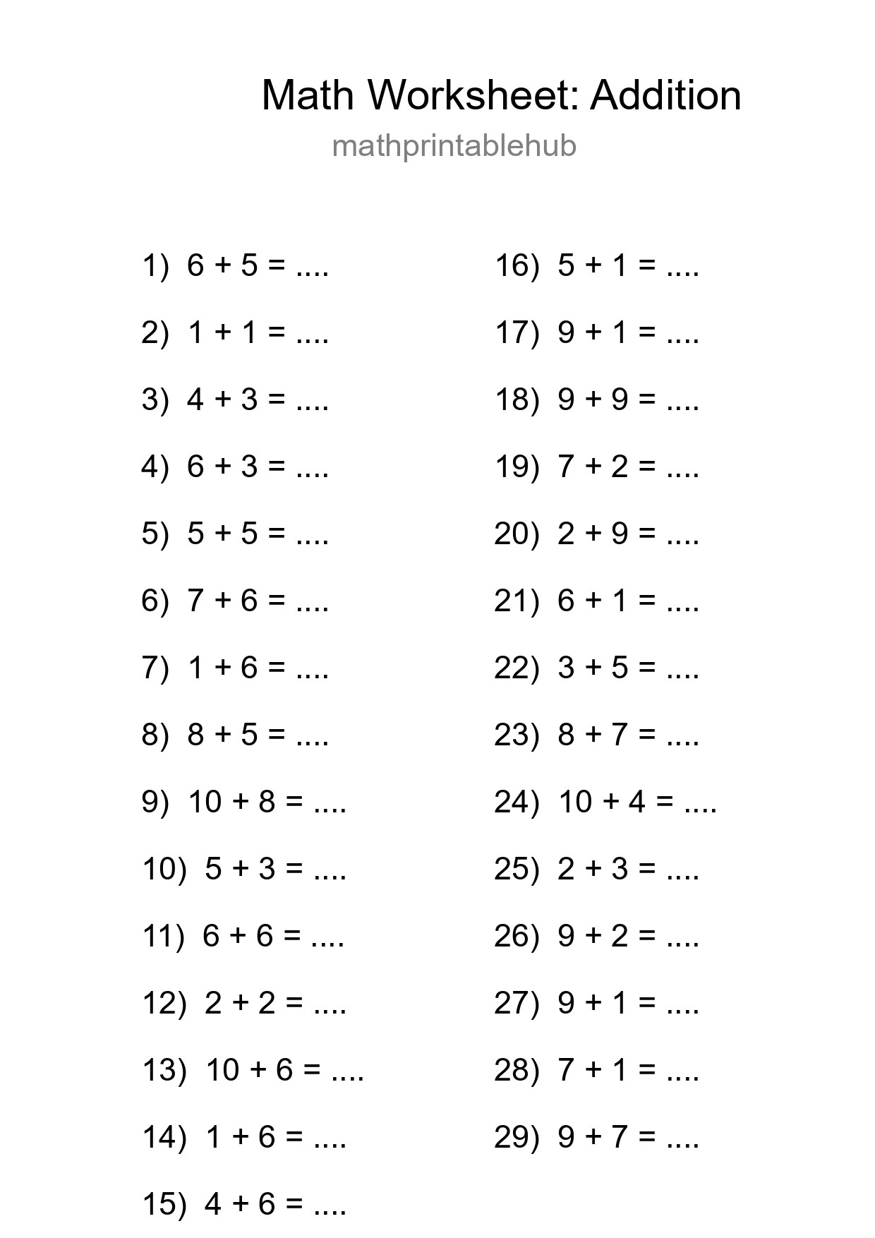 Grade 1 Addition Practice Worksheet (29 Problems) - Part 71
