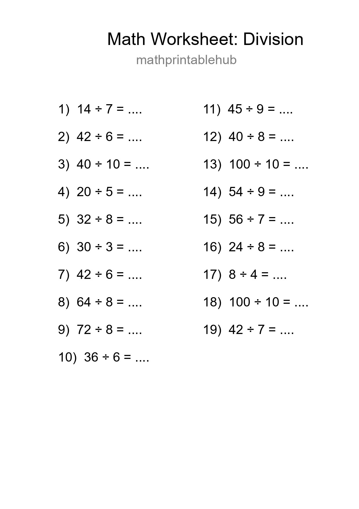 Printable Division Worksheet for Grade 1