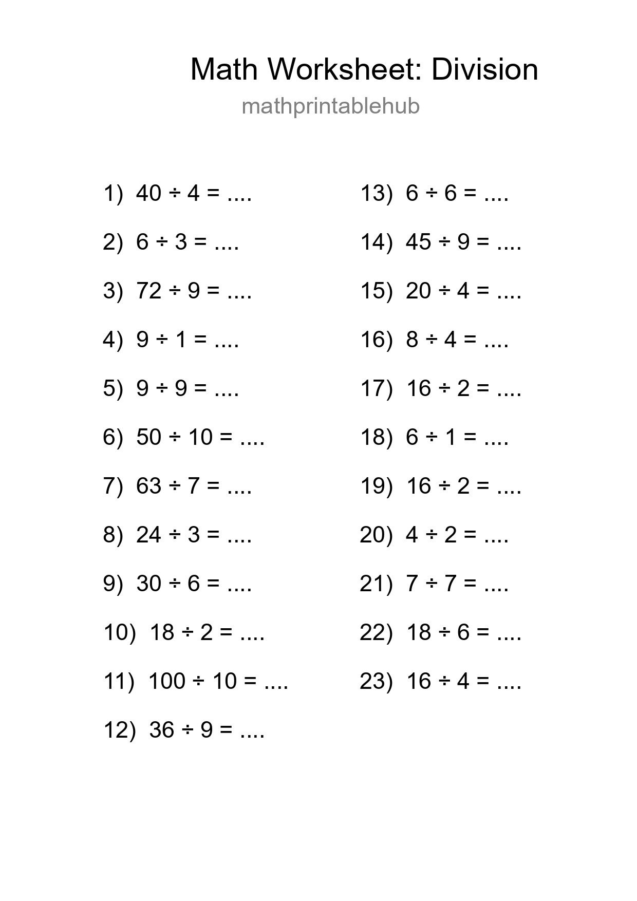 Printable Division Worksheet for Grade 1