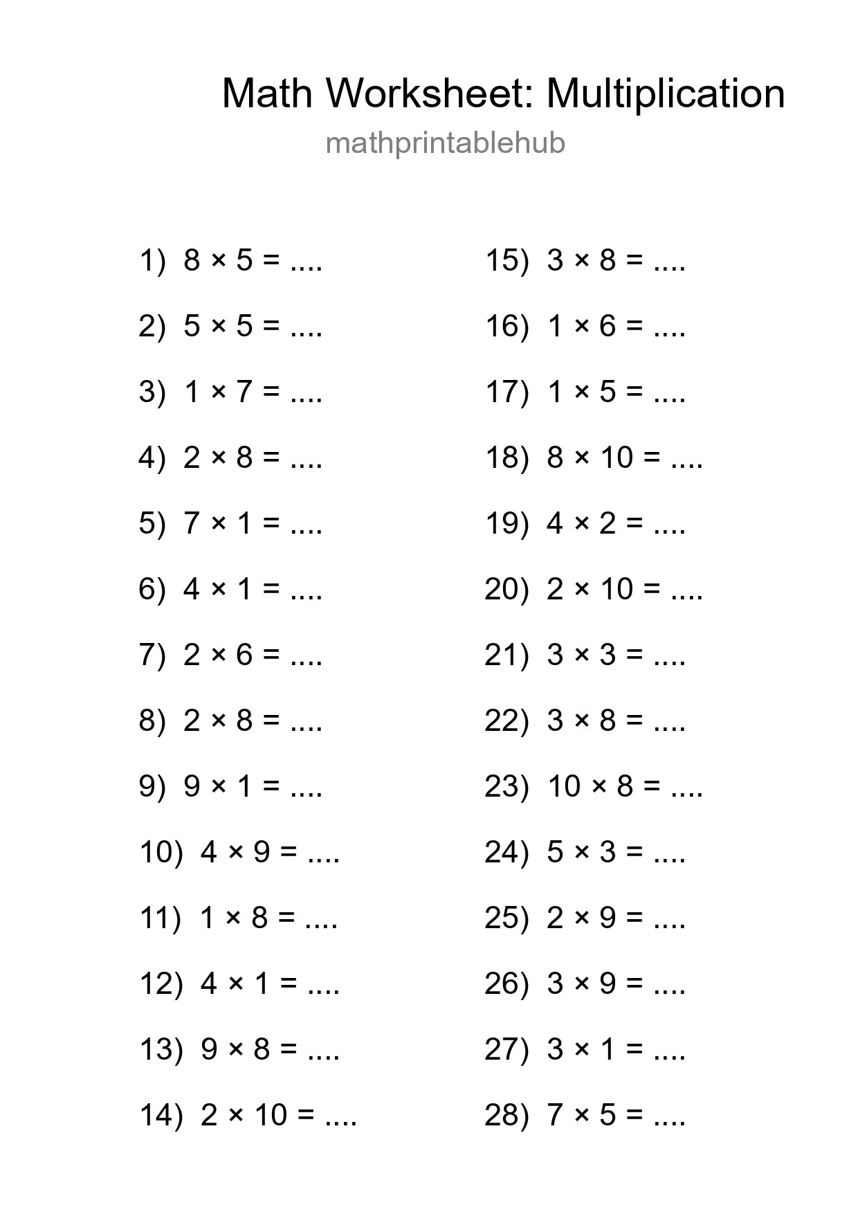 Printable Multiplication Worksheet for Grade 1