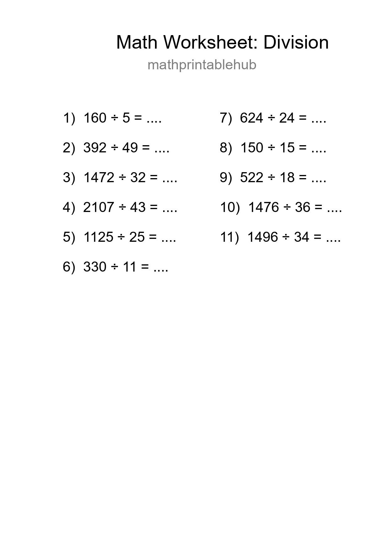 Printable Division Worksheet for Grade 2