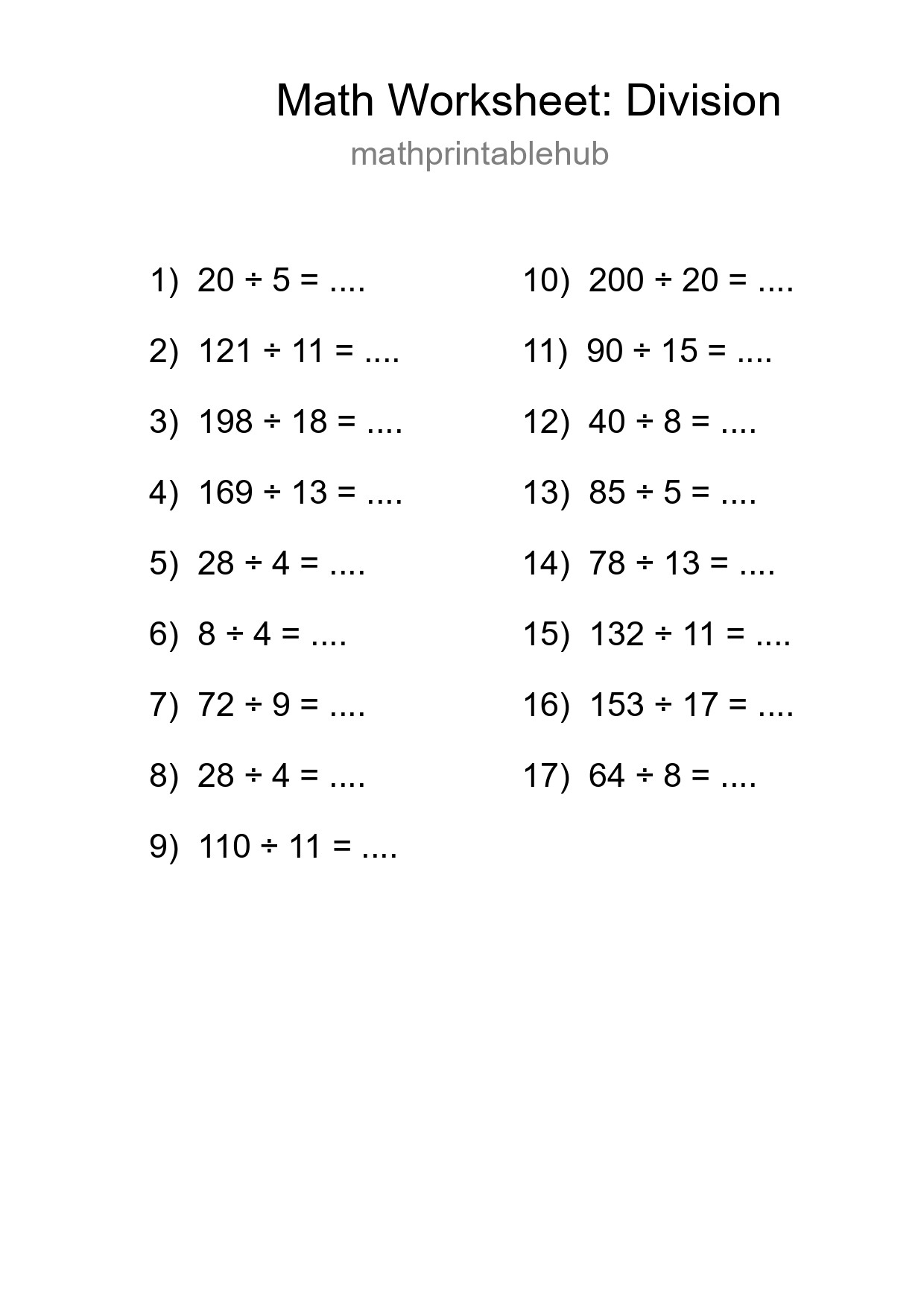Printable Division Worksheet for Grade 2