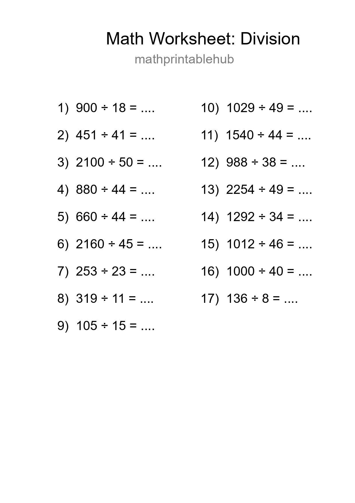 Grade 2 Division Practice Worksheet (17 Problems) - Part 94