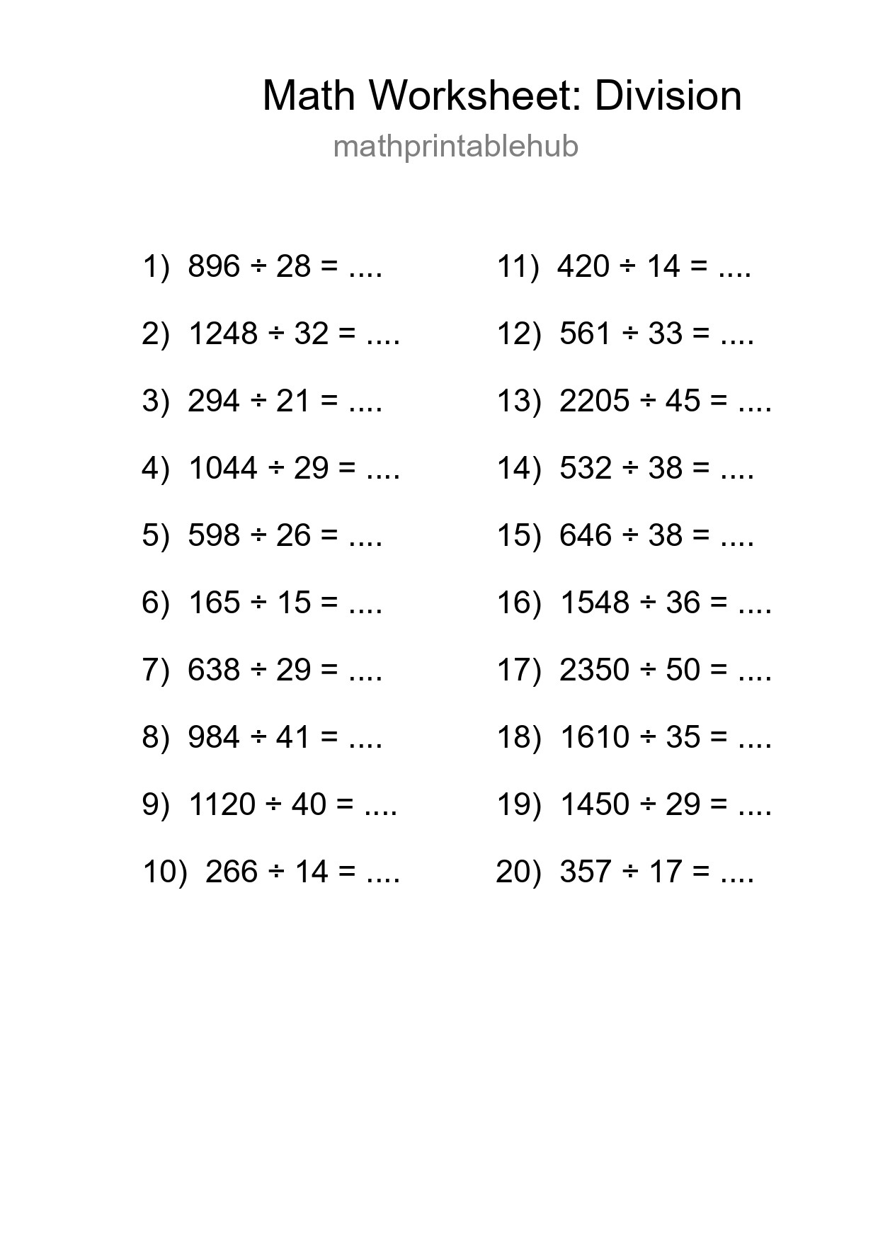 Printable Division Worksheet for Grade 2