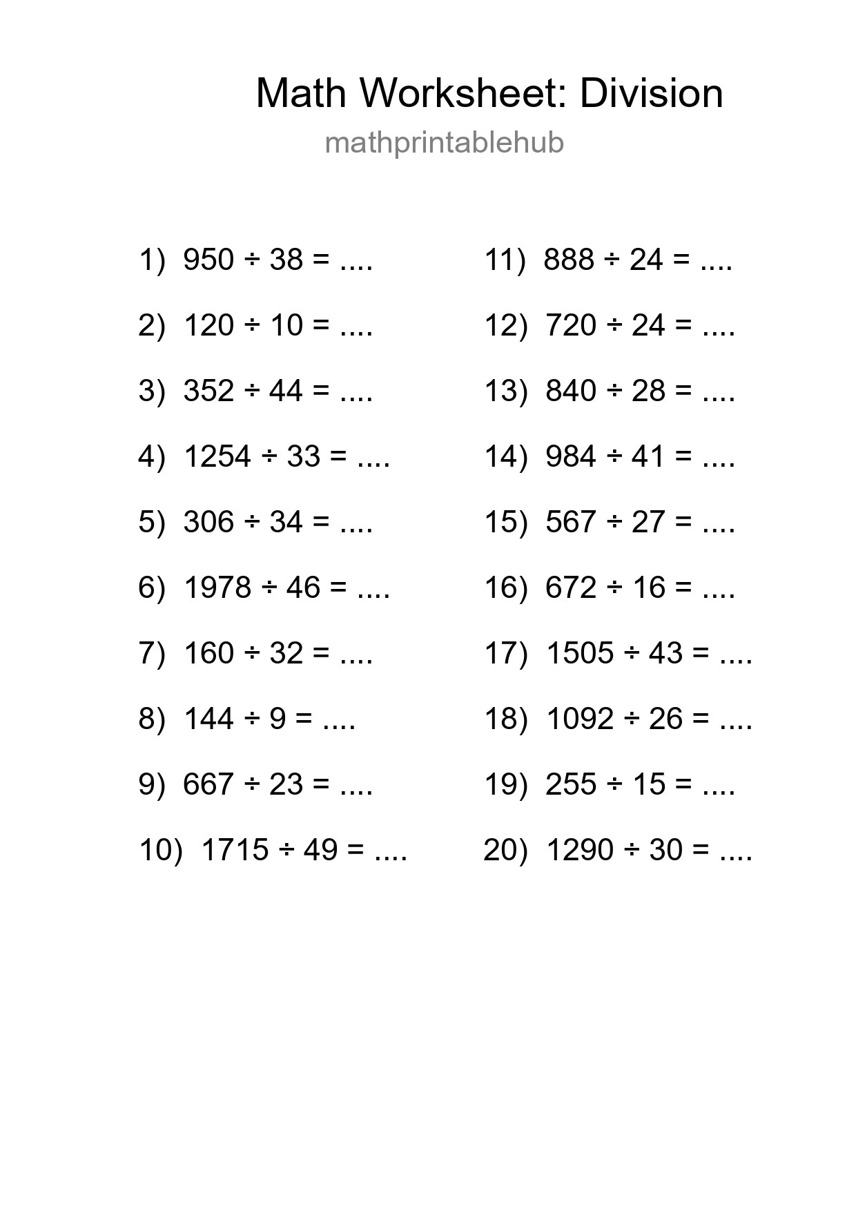Printable Division Worksheet for Grade 2