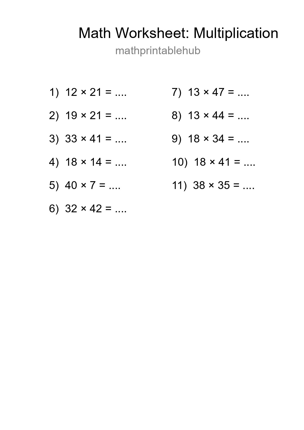 Printable Multiplication Worksheet for Grade 2