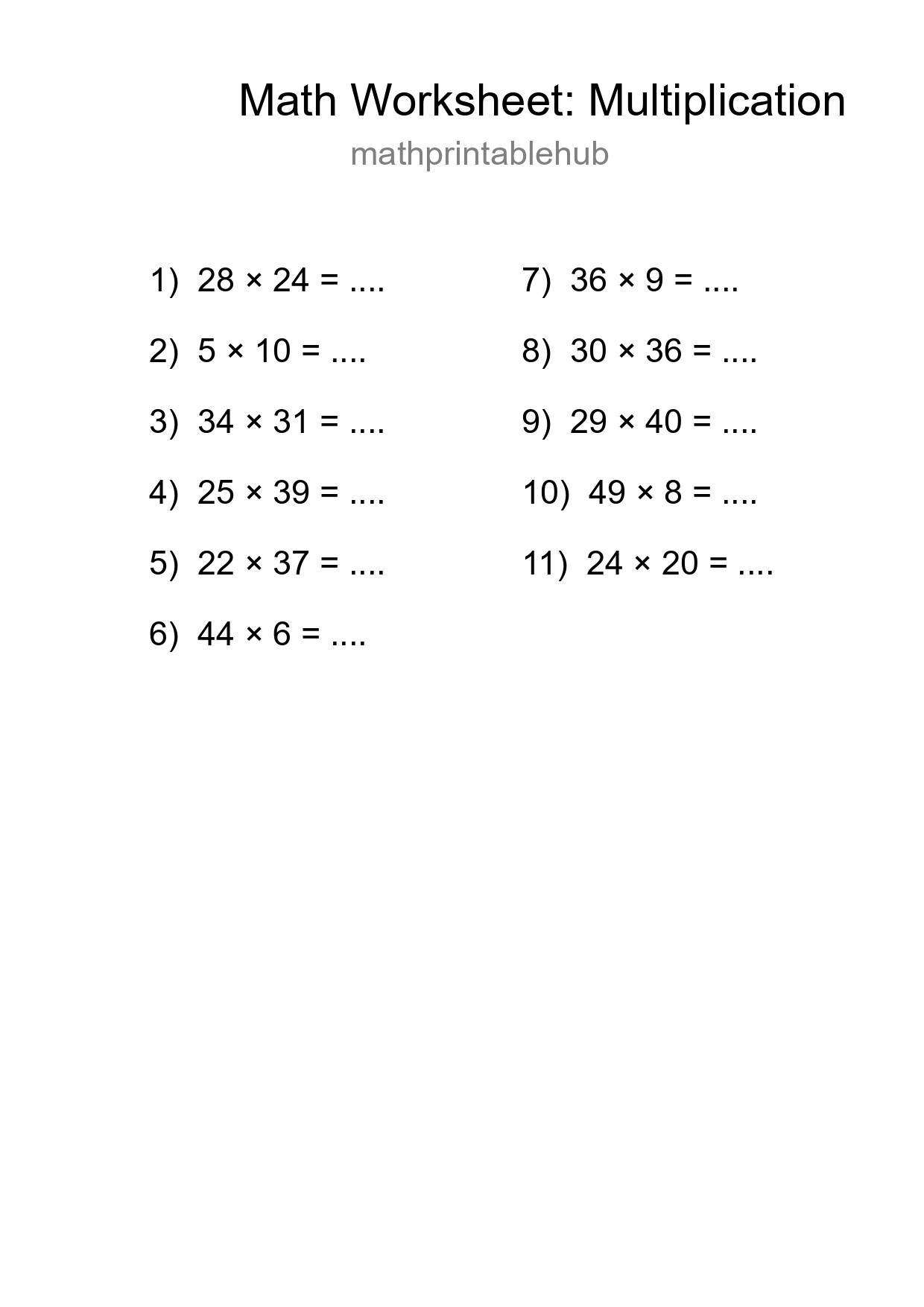 Printable Multiplication Worksheet for Grade 2