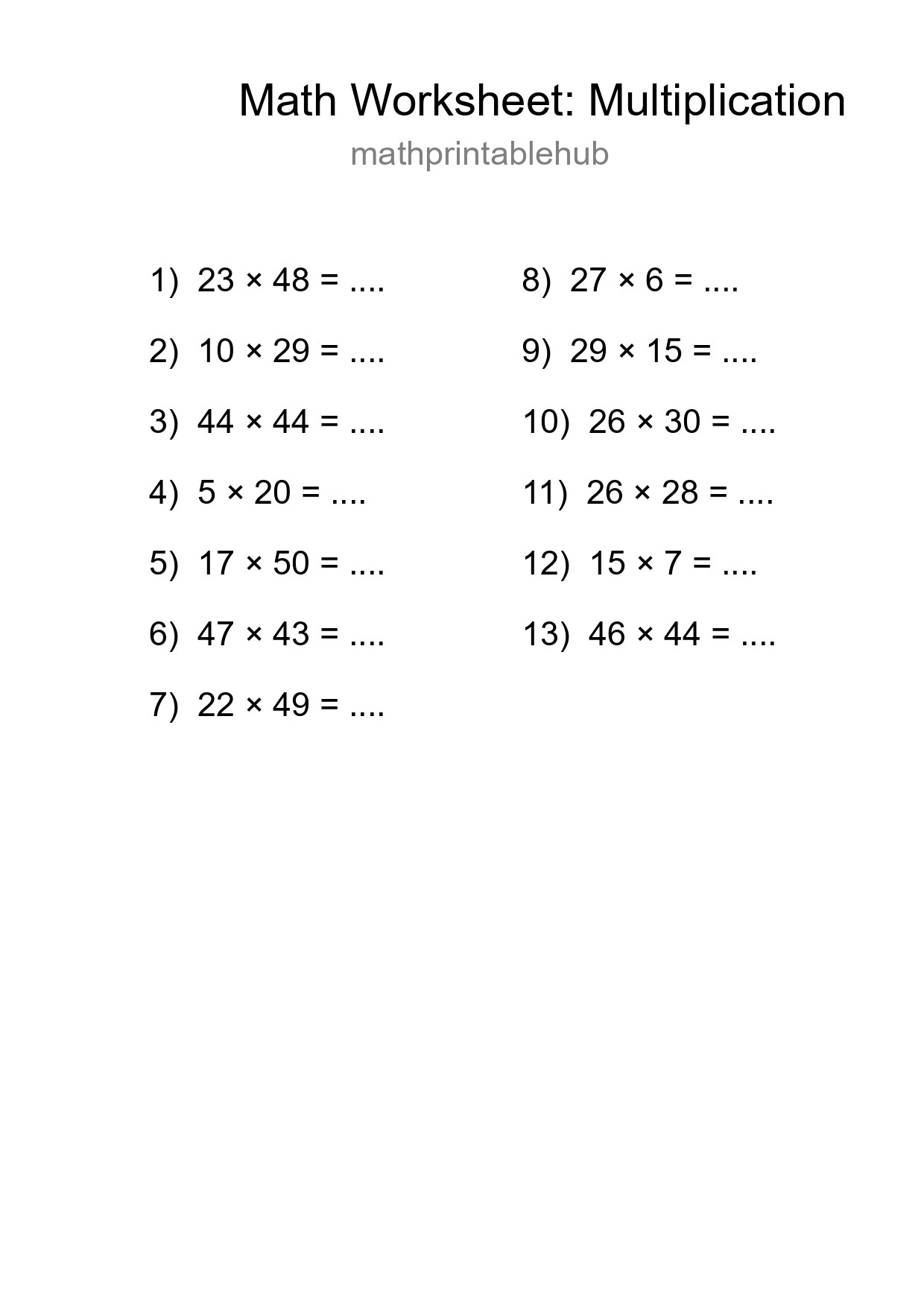 Printable Multiplication Worksheet for Grade 2