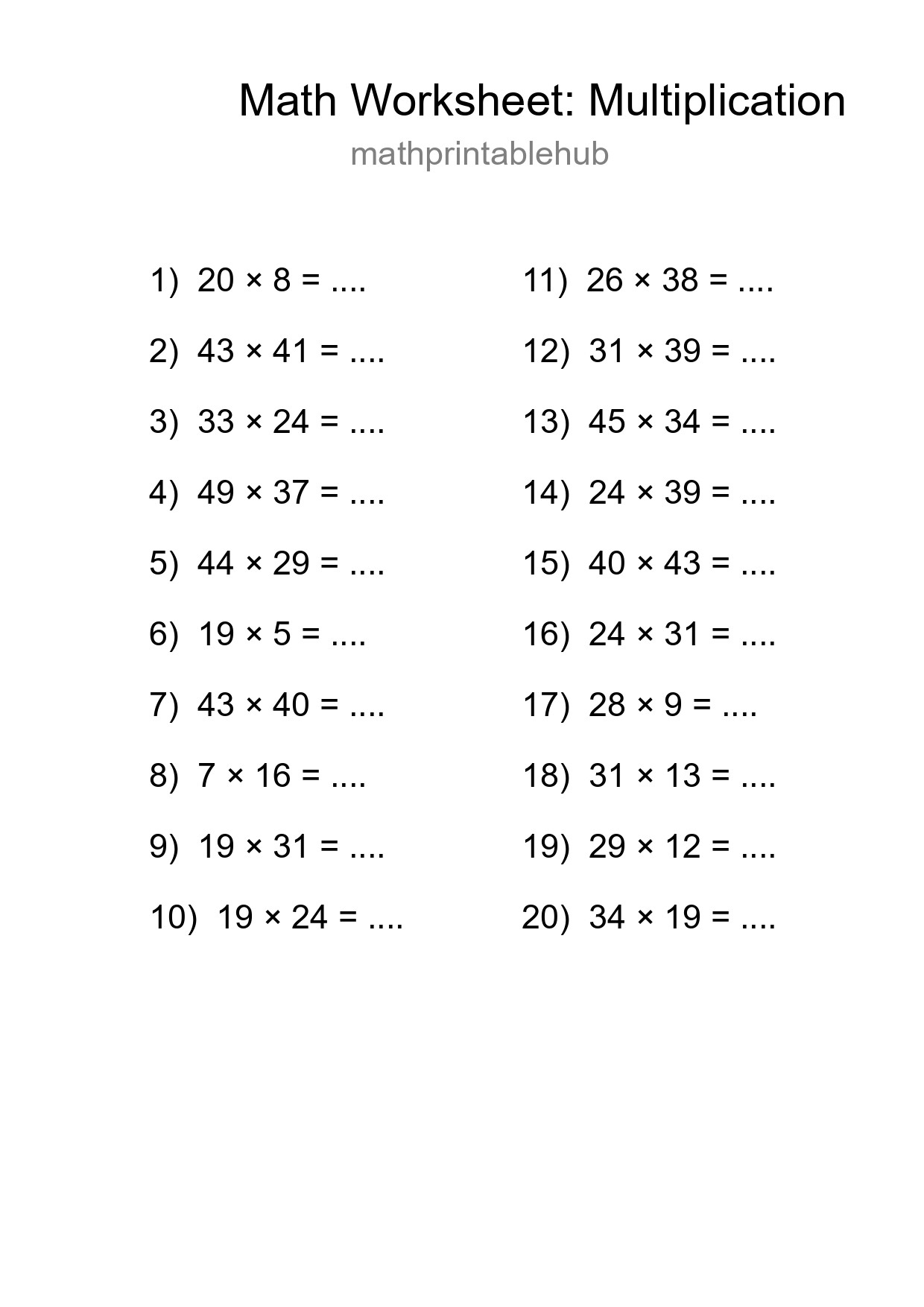 Printable Multiplication Worksheet for Grade 2