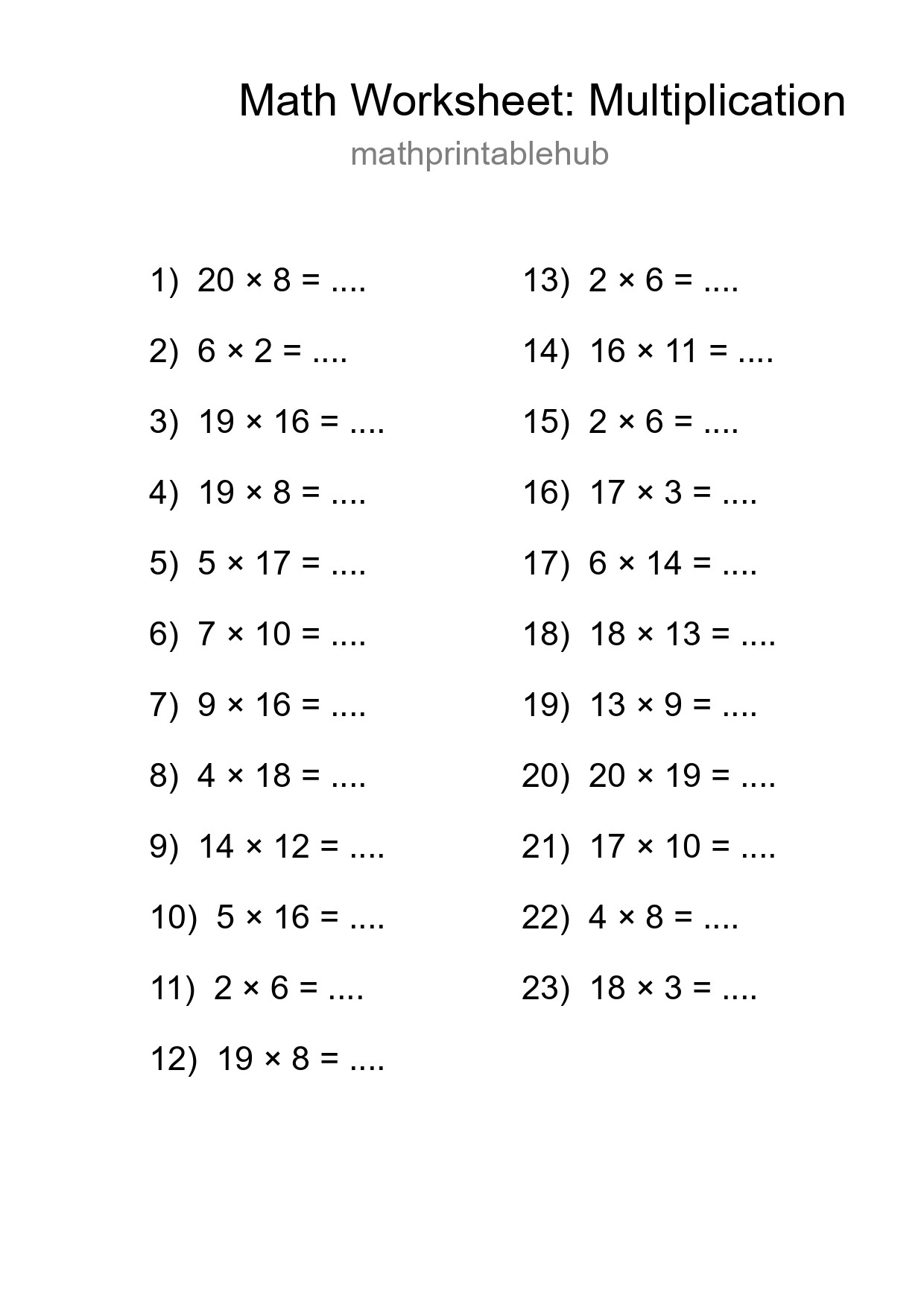 Printable Multiplication Worksheet for Grade 2