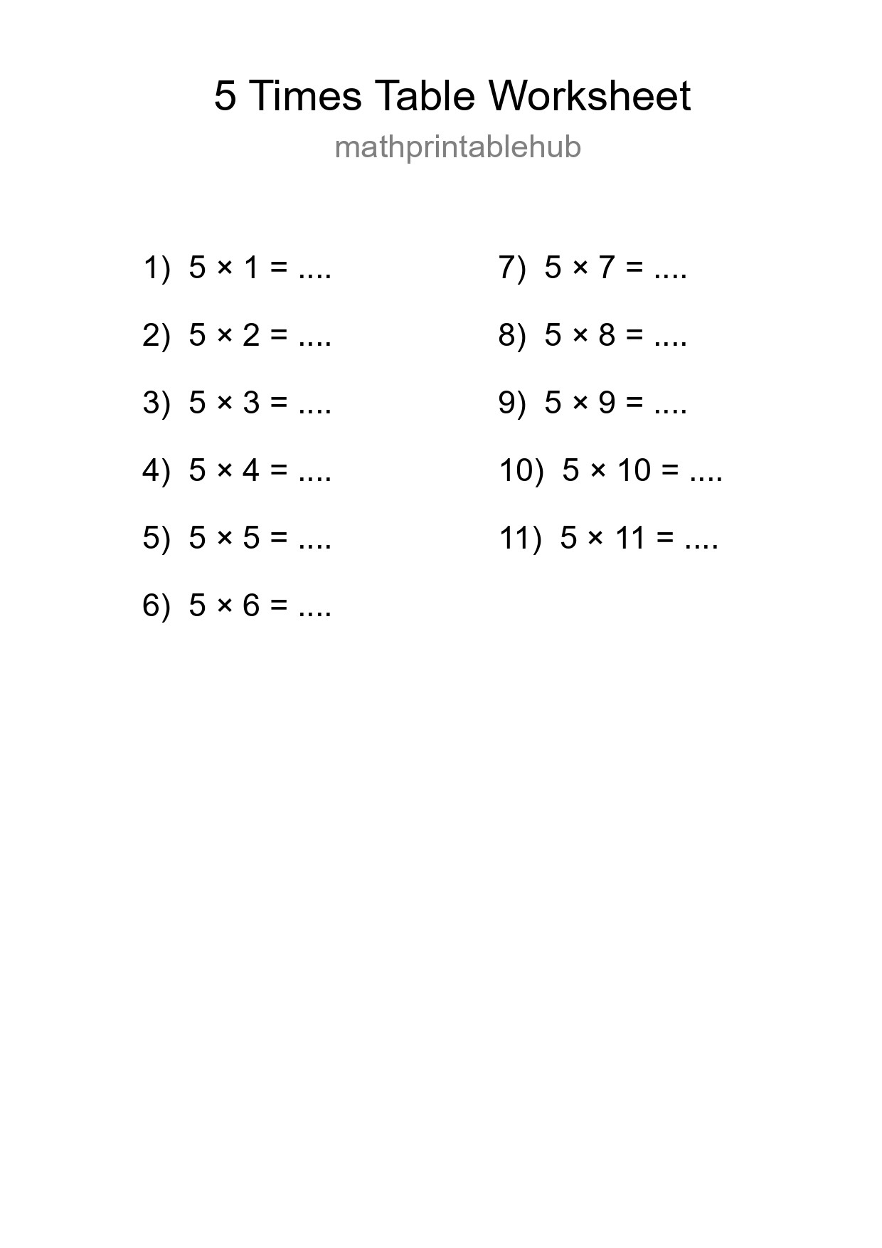 Printable Times Table Worksheet for Grade 2