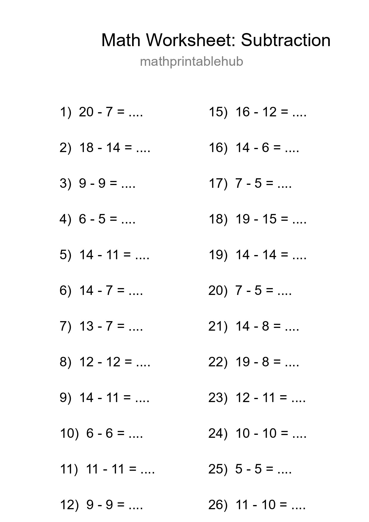 Printable Subtraction Worksheet for Grade 2