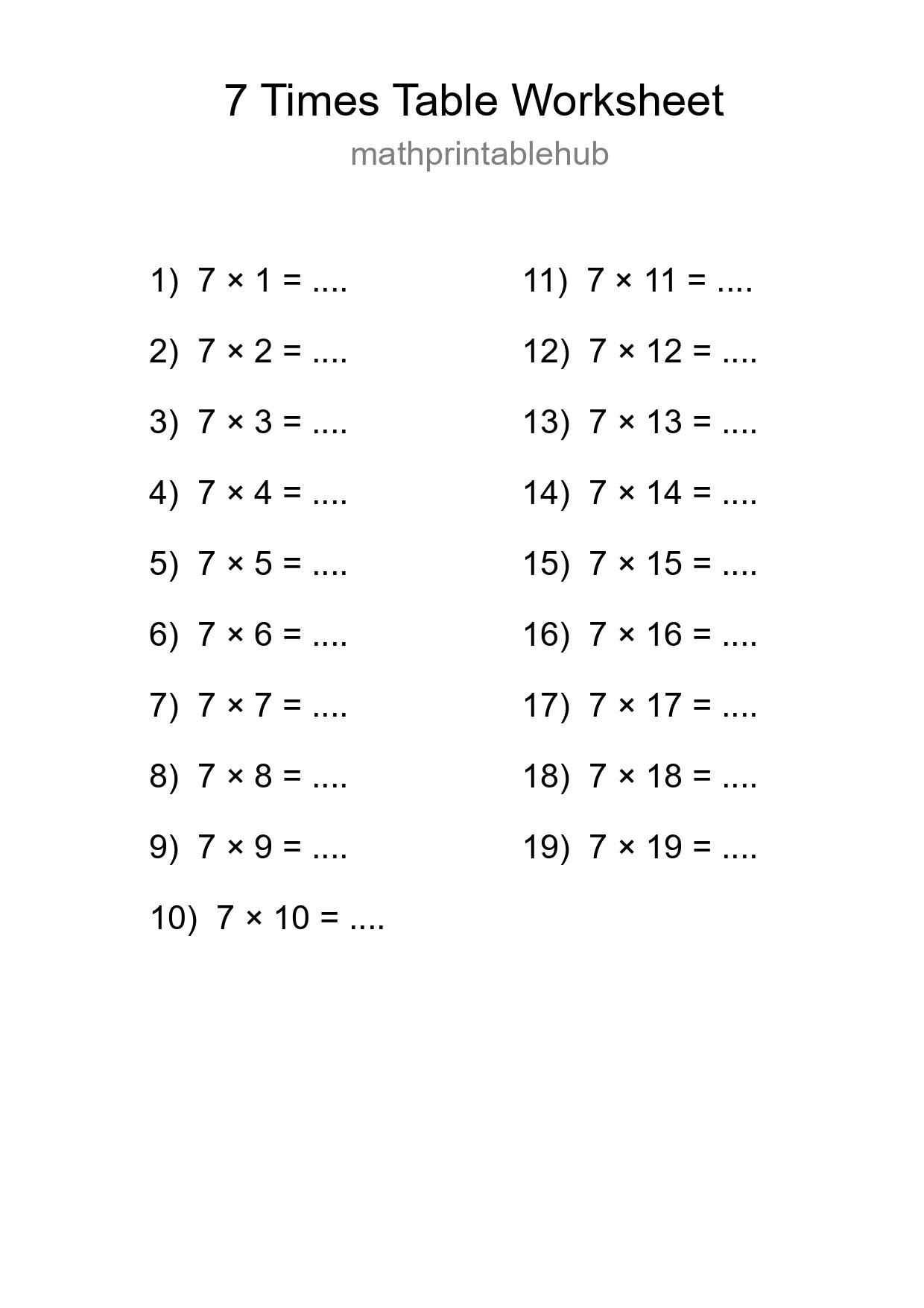 Printable Times Table Worksheet for Grade 3