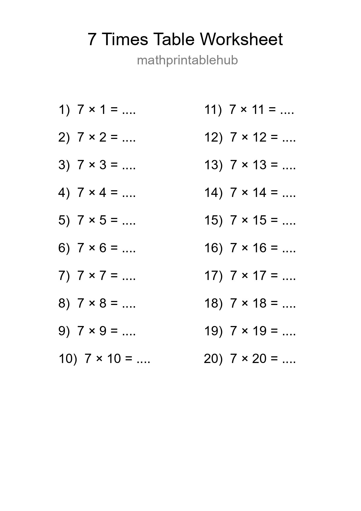 Printable Times Table Worksheet for Grade 3