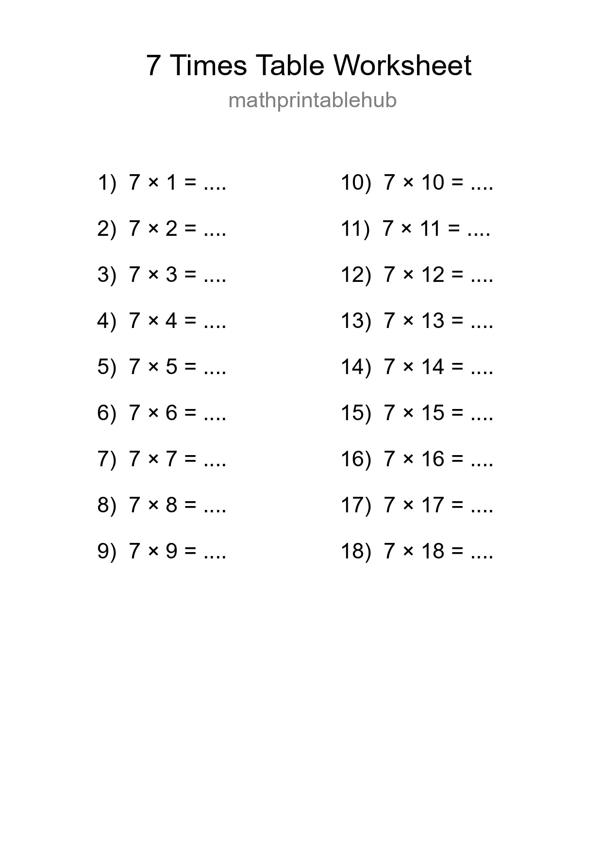 Printable Times Table Worksheet for Grade 3