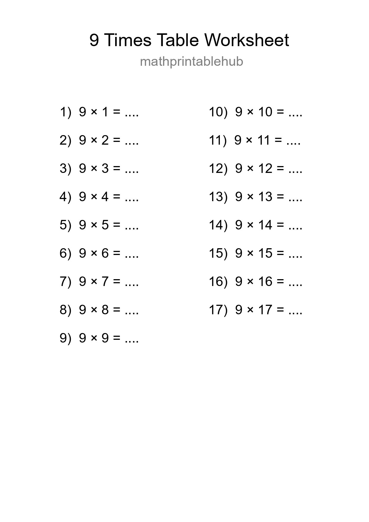 Printable Times Table Worksheet for Grade 3