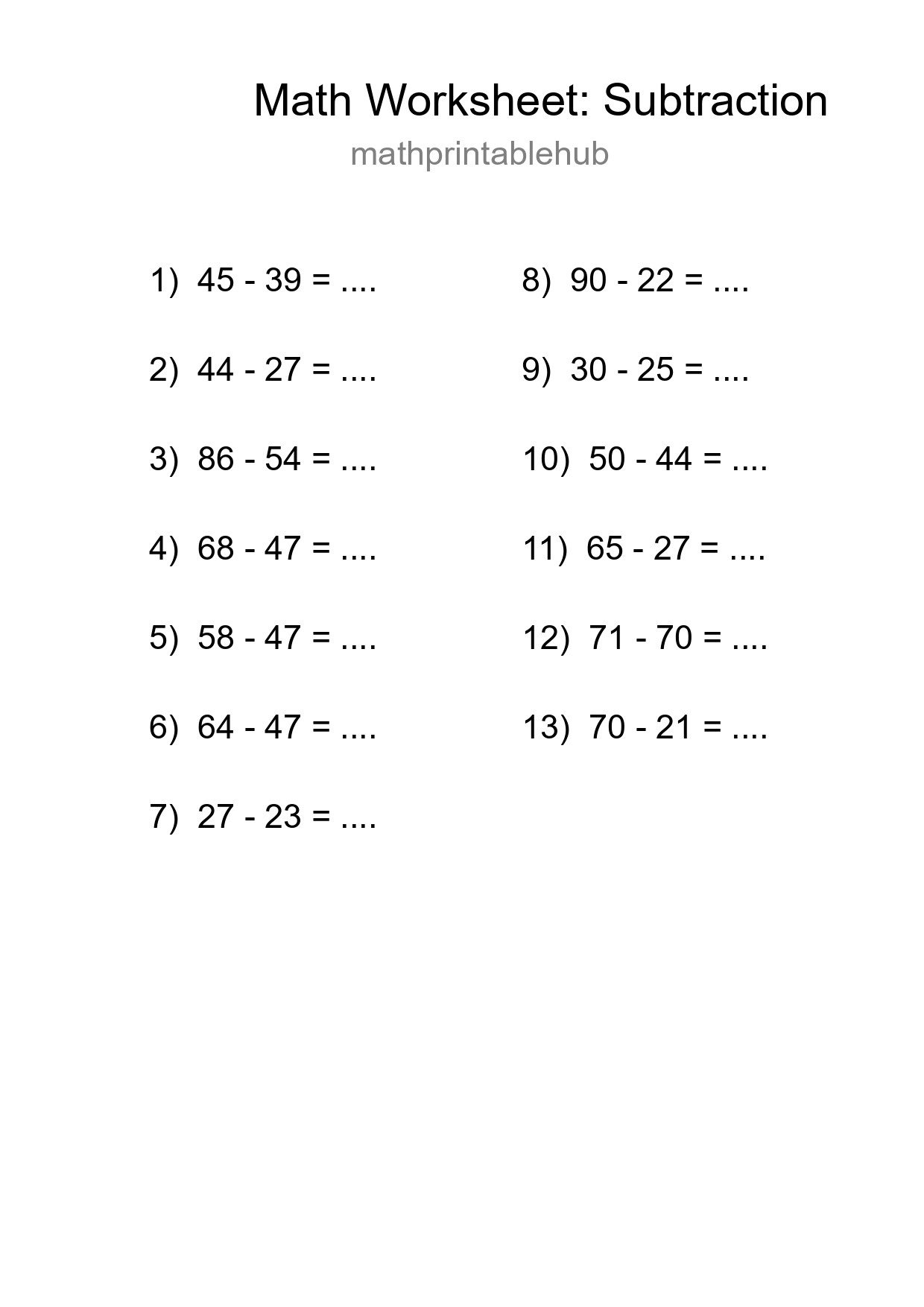 Printable Subtraction Worksheet for Grade 3
