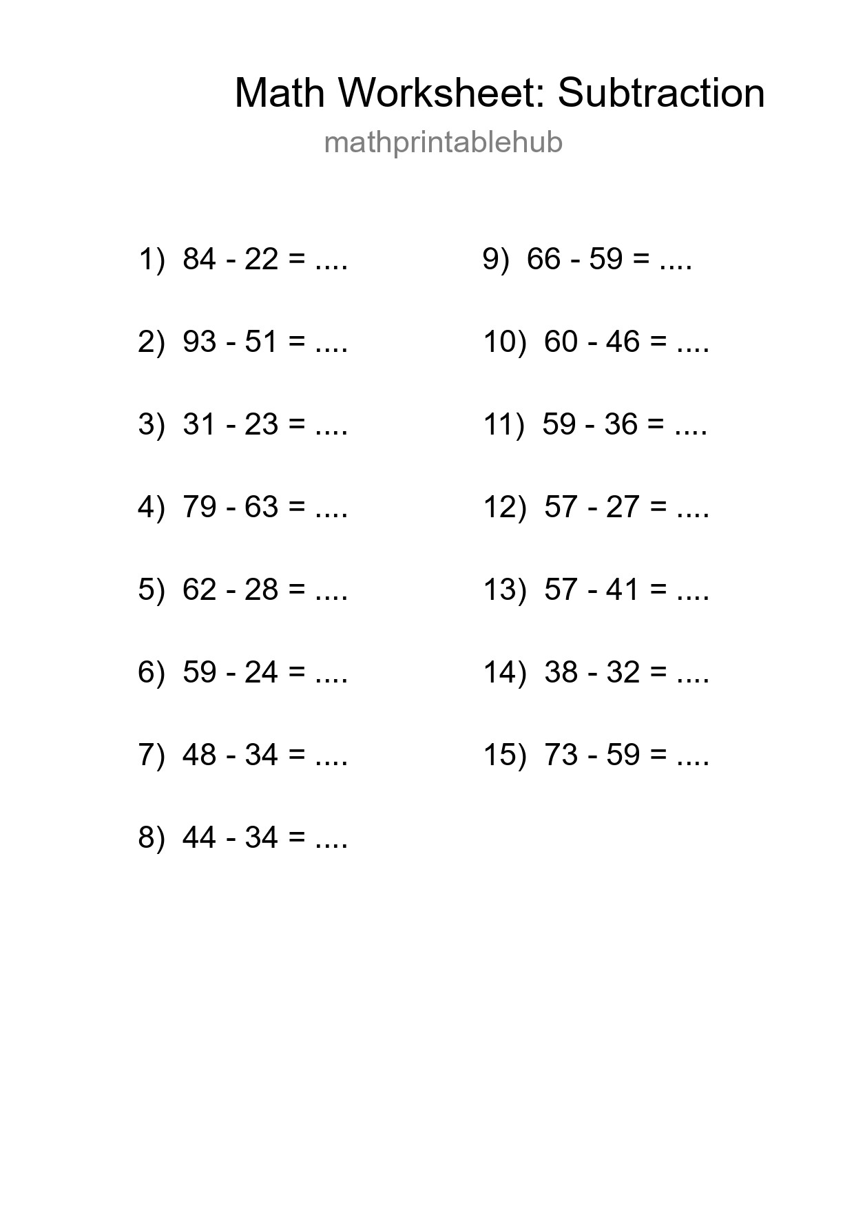 Printable Subtraction Worksheet for Grade 3
