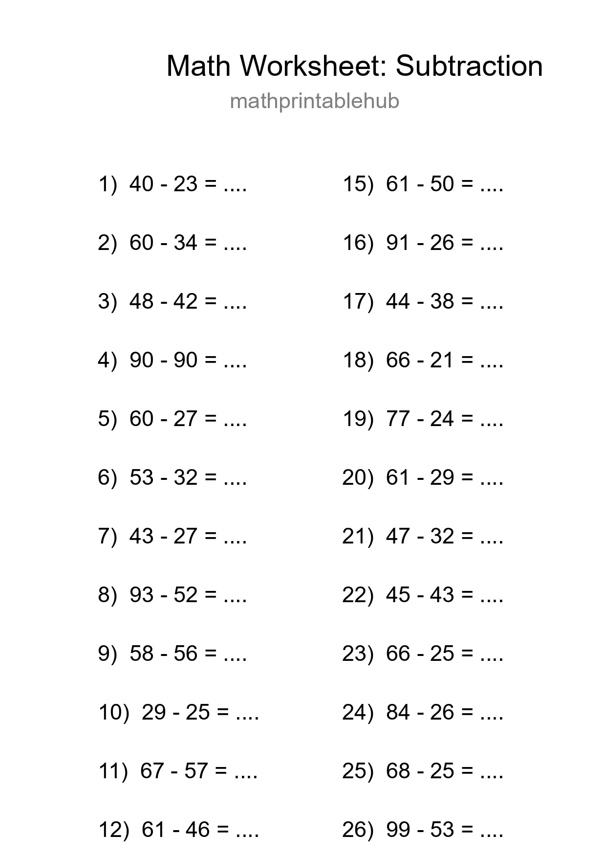 Printable Subtraction Worksheet for Grade 3