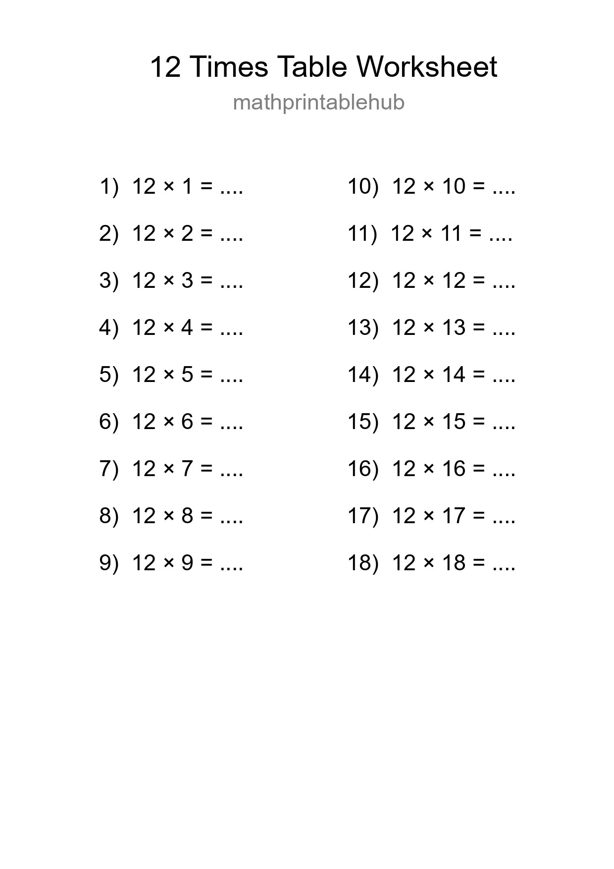 Printable Times Table Worksheet for Grade 4