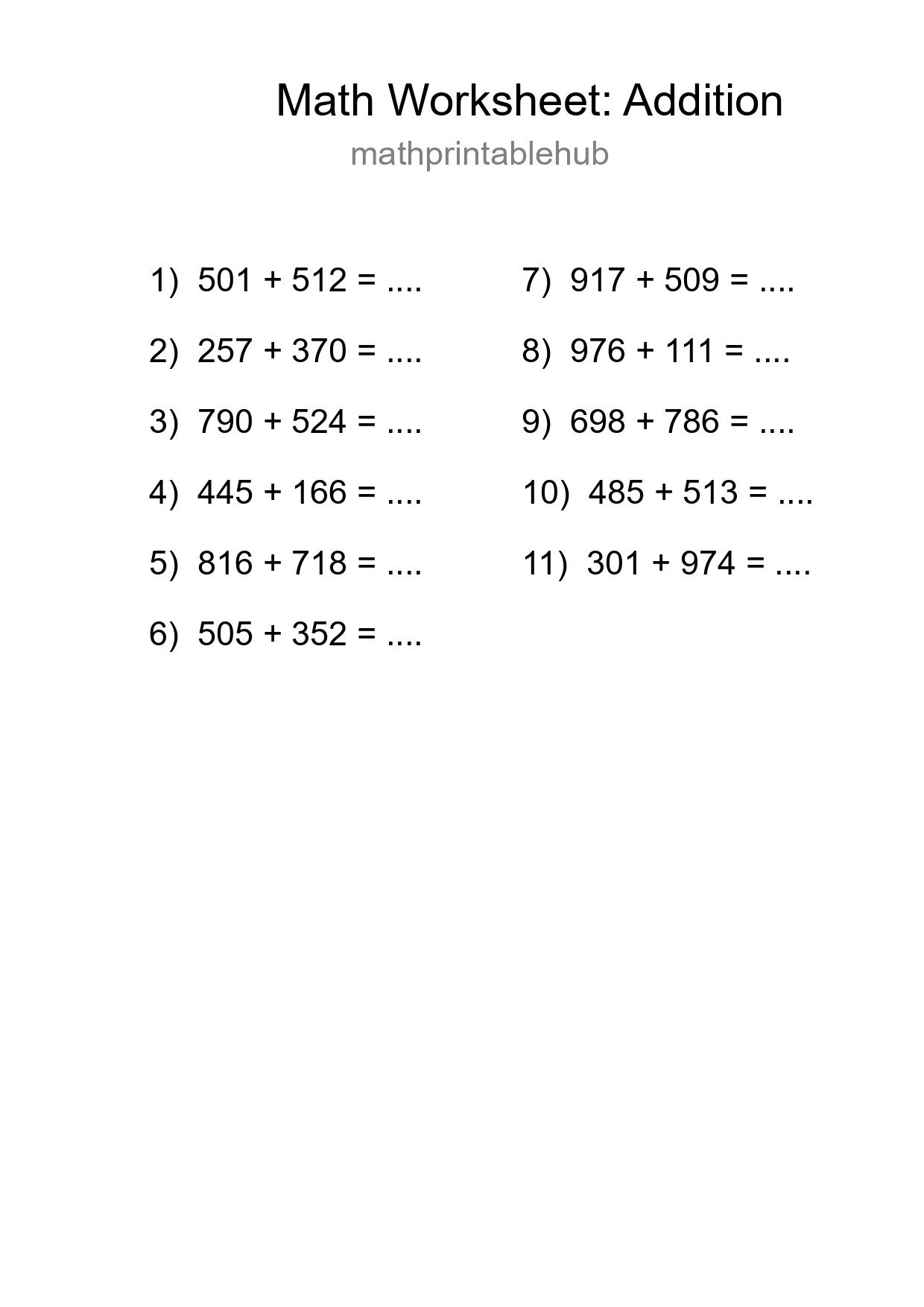 Printable Addition Worksheet for Grade 5