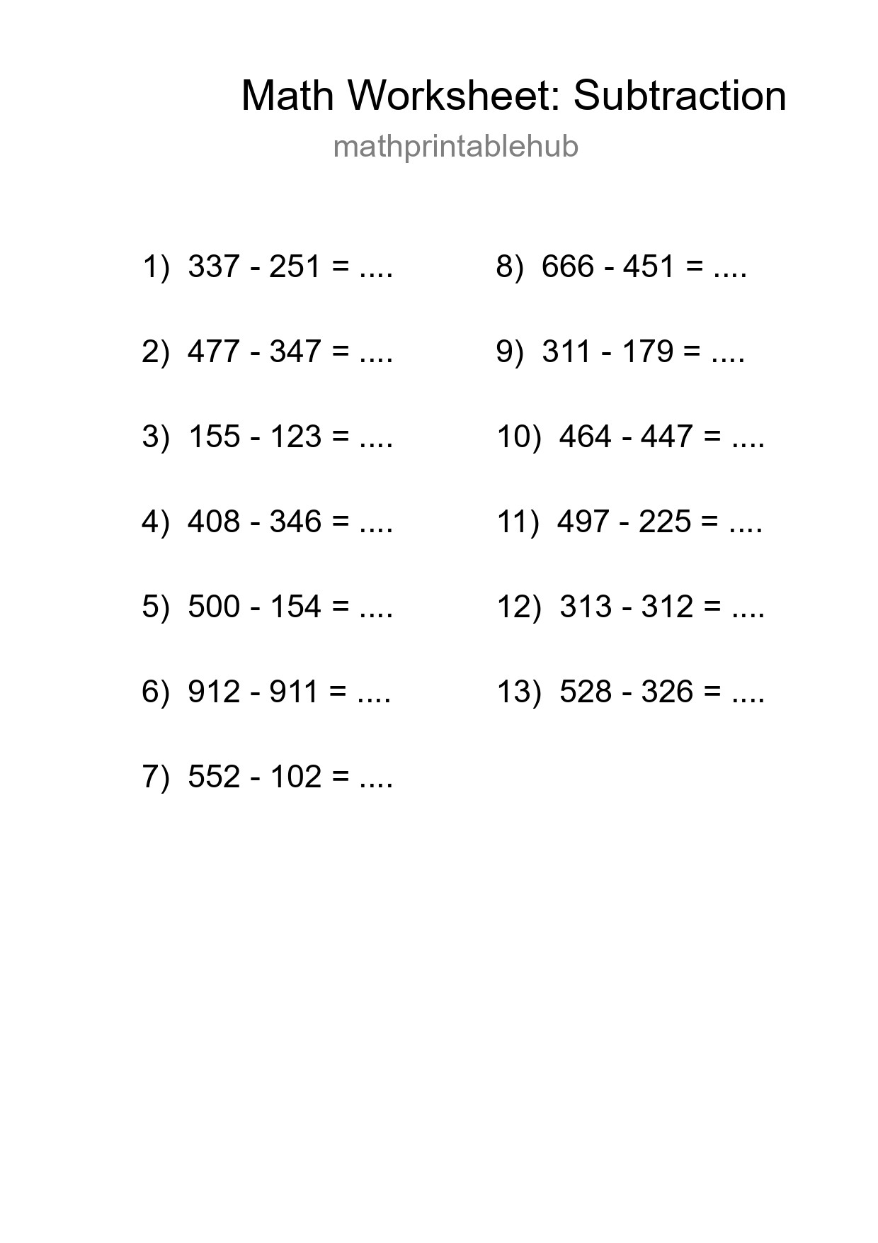 Printable Subtraction Worksheet for Grade 5
