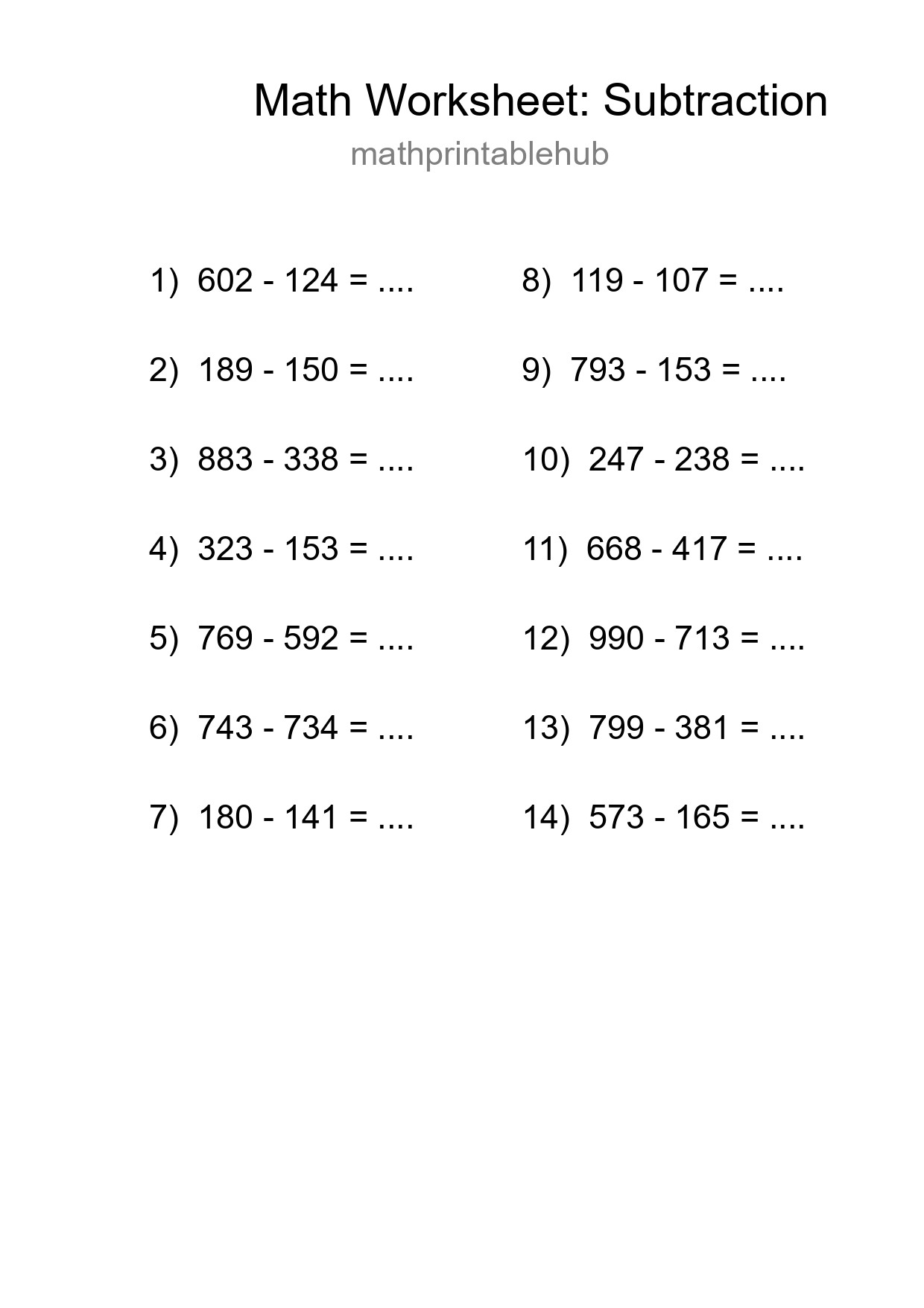 Printable Subtraction Worksheet for Grade 5